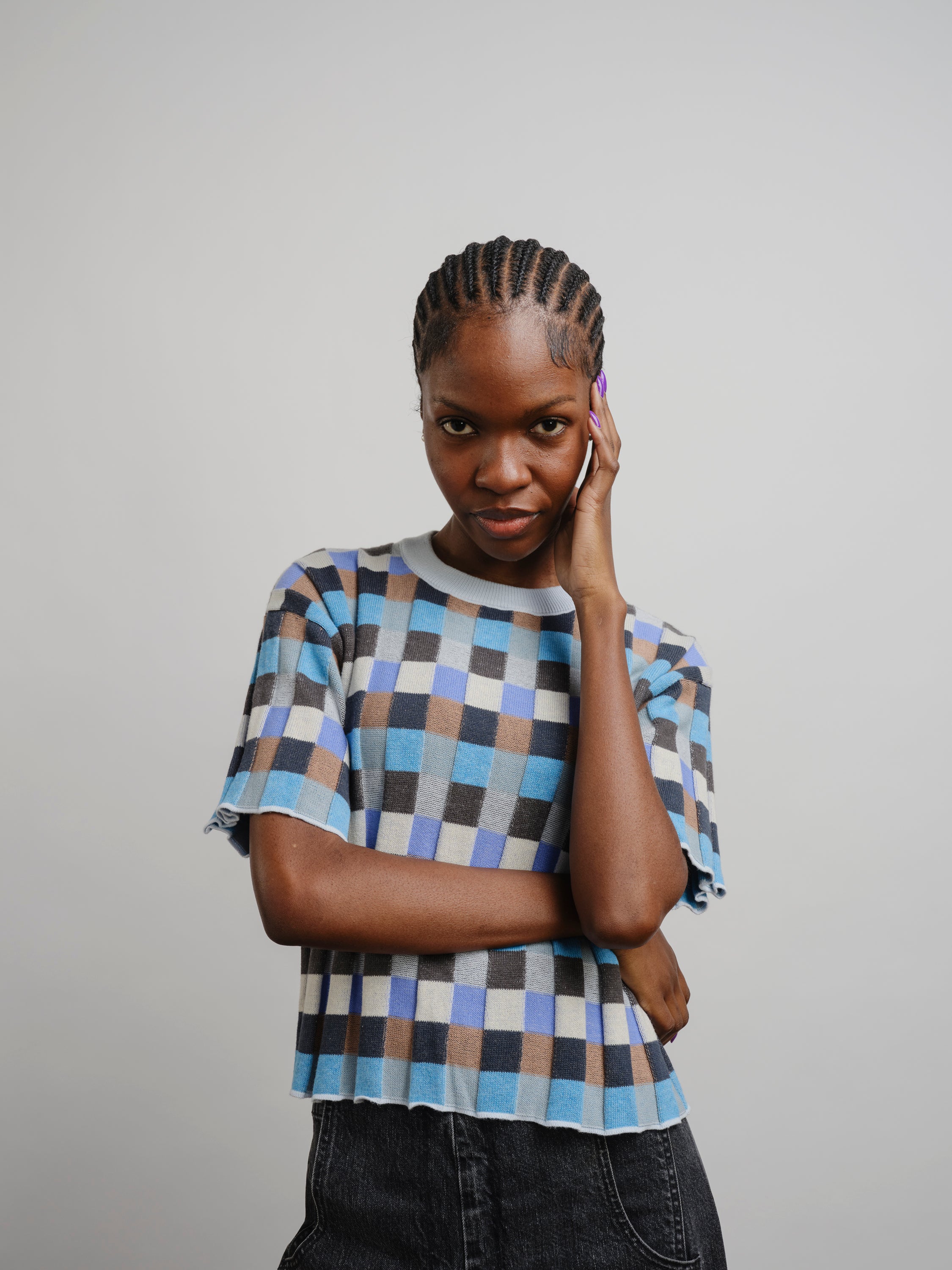 Anni Grid Plaited Tee - Jetstream