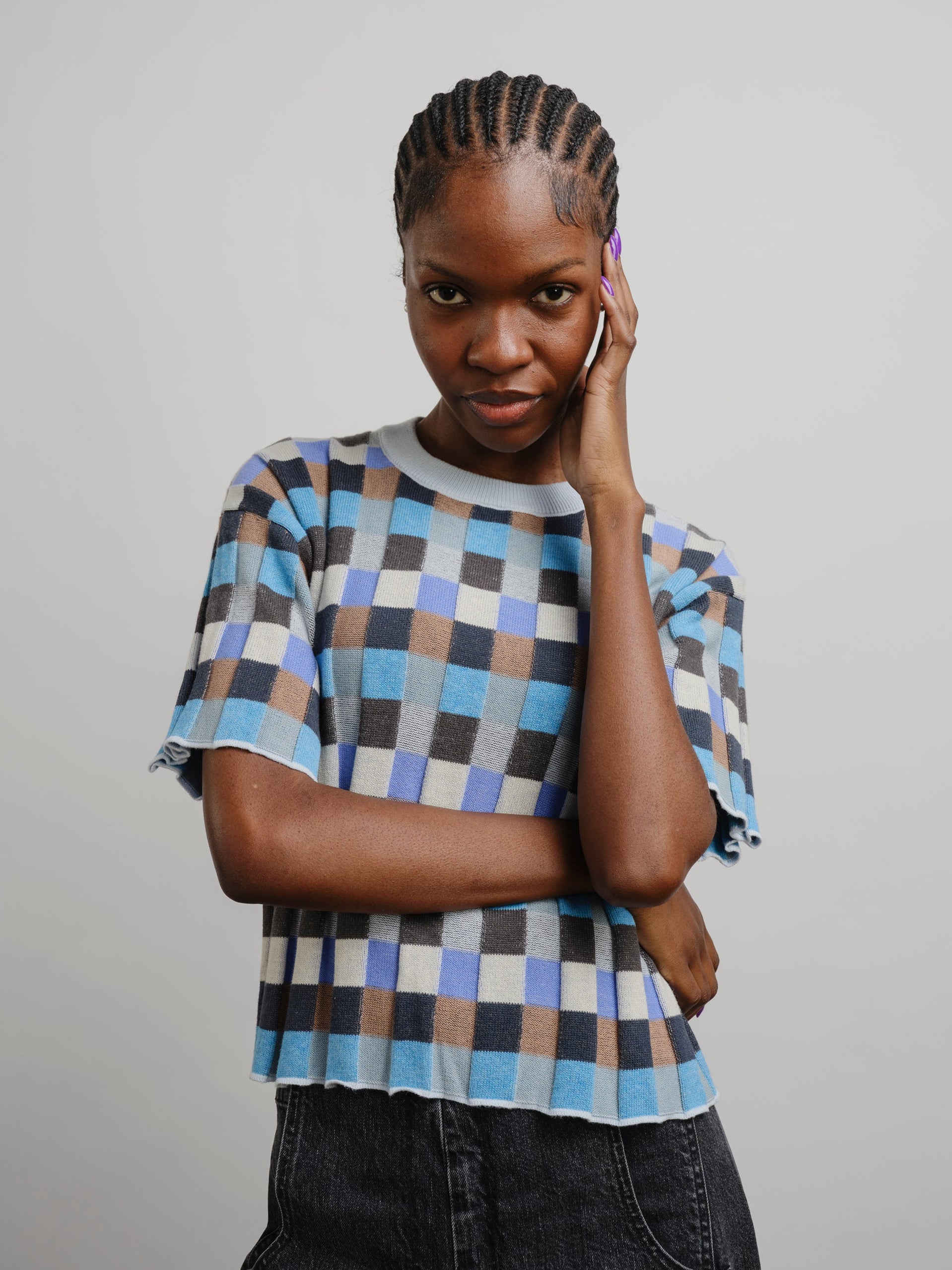 Anni Grid Plaited Tee - Jetstream