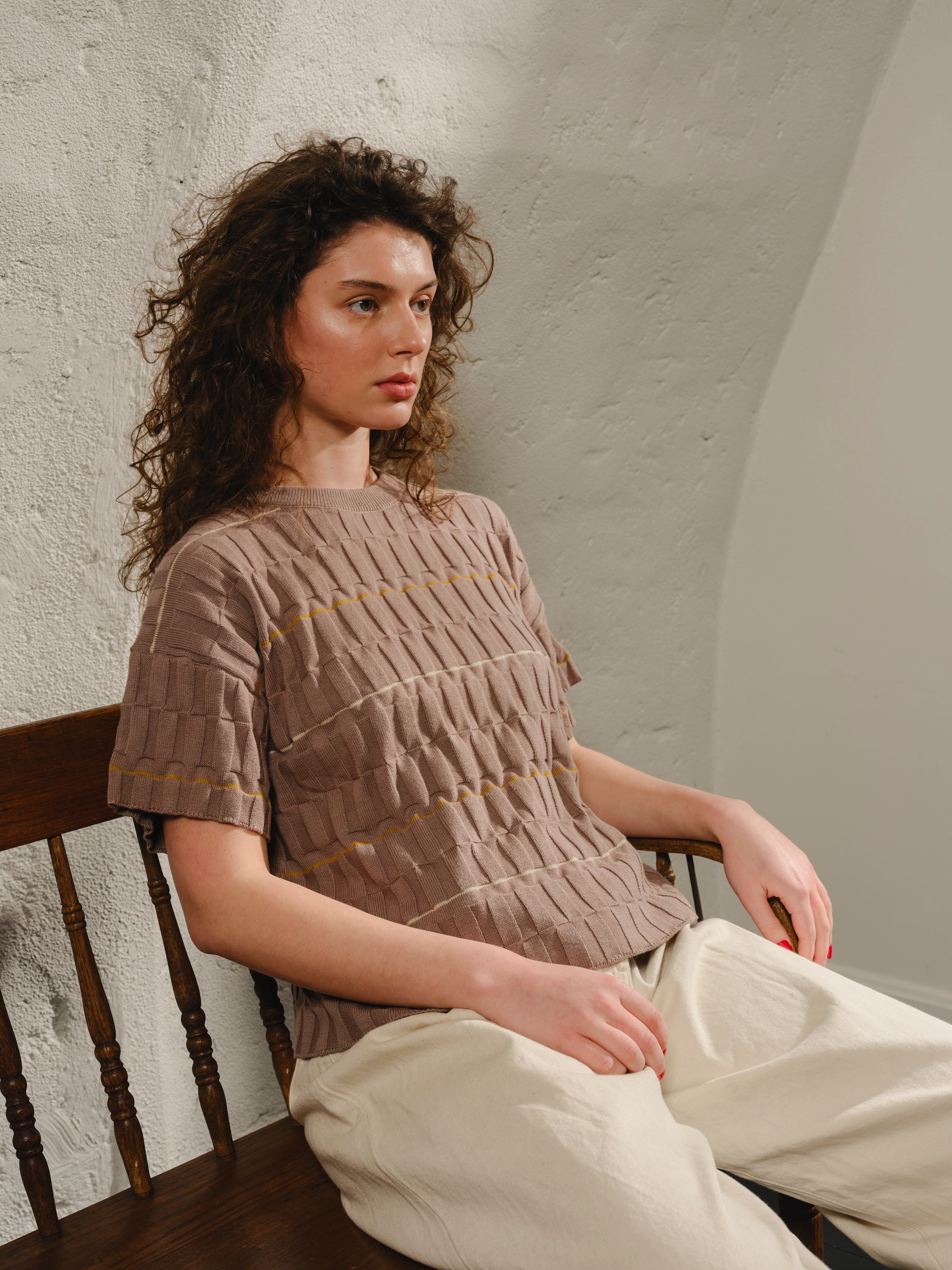 Wiggle Stripe Knit Grid Tee - Pebble