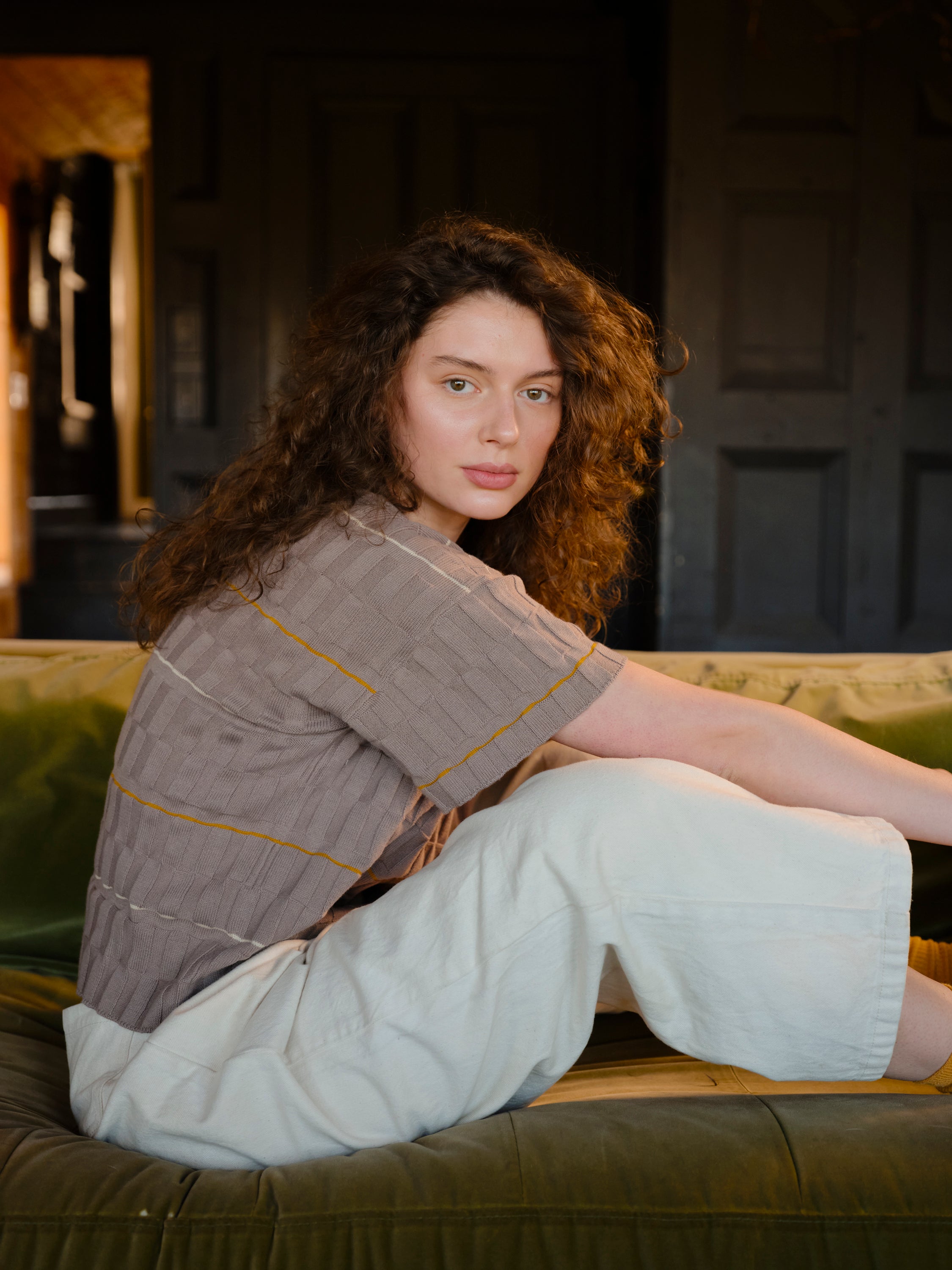Wiggle Stripe Knit Grid Tee - Pebble