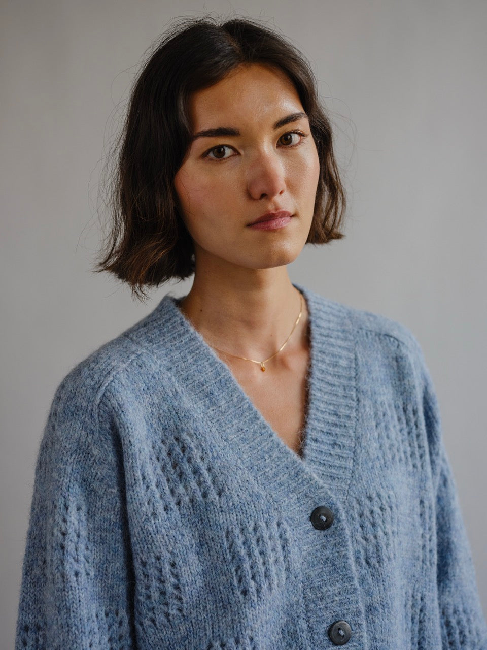 The Endery Ruth Cardigan, Glacier — blue alpaca cardigan
