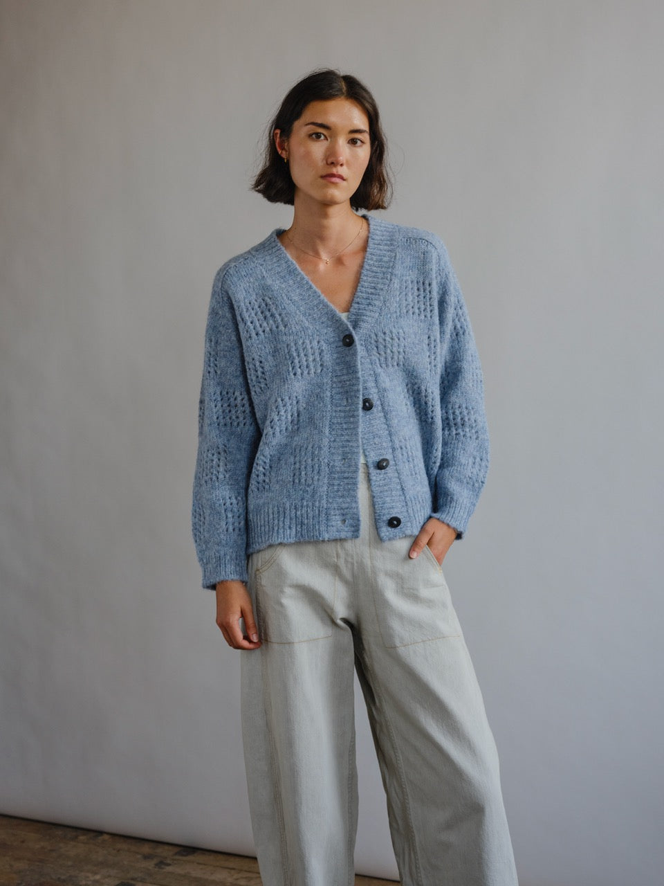 The Endery Ruth Cardigan, Glacier — blue alpaca cardigan