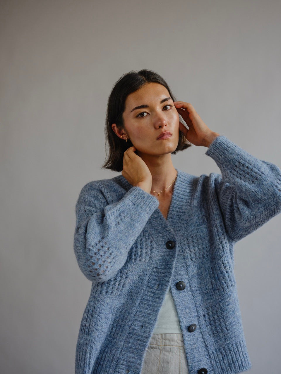 The Endery Ruth Cardigan, Glacier — blue alpaca cardigan
