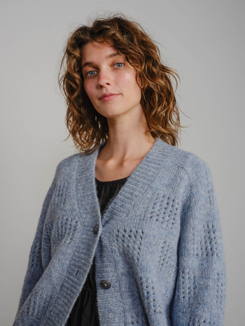 The Endery Ruth Cardigan, Glacier — blue alpaca cardigan