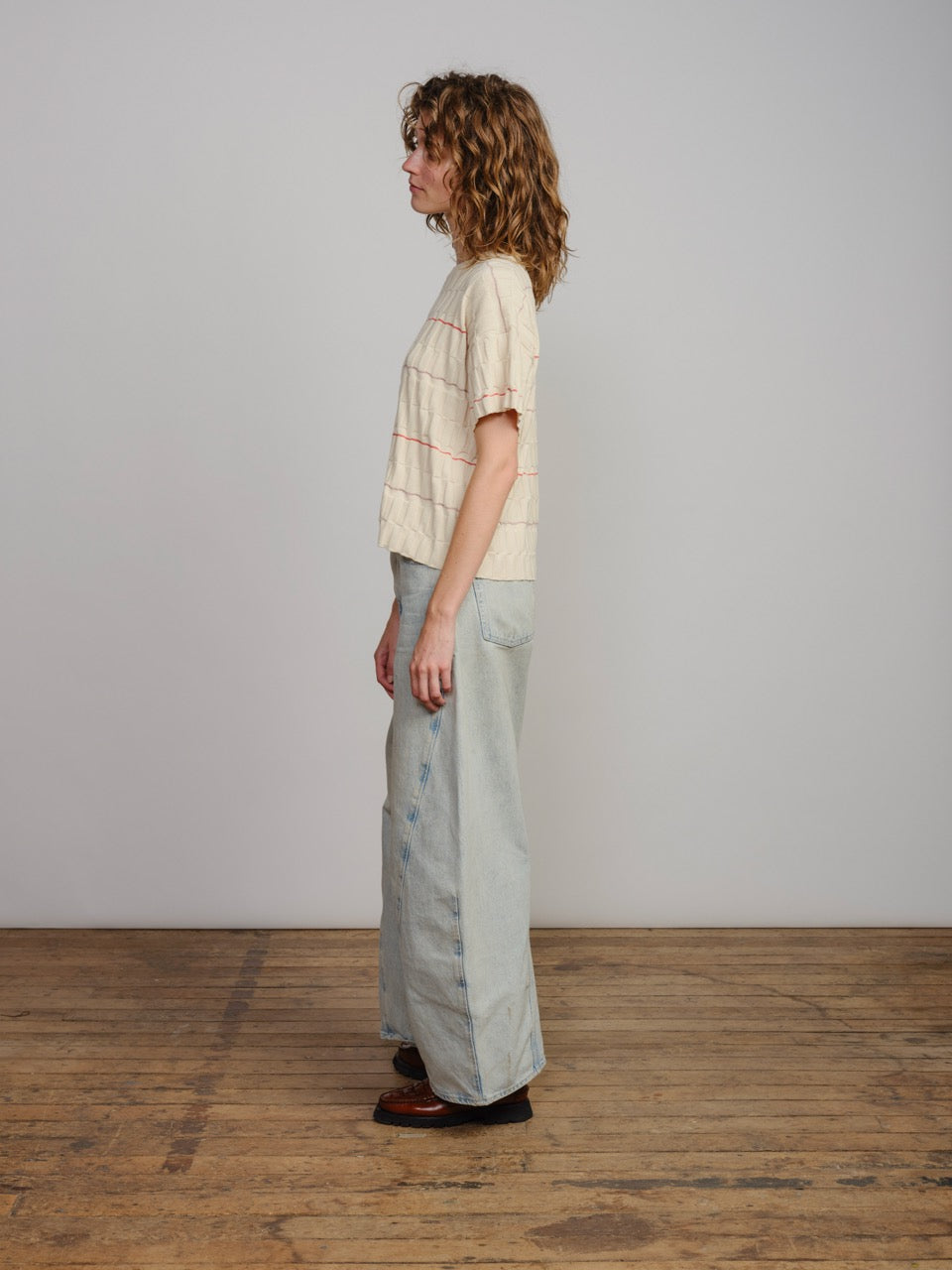 The Endery Wiggle Stripe Knit Grid Tee, Daybreak — cream tee