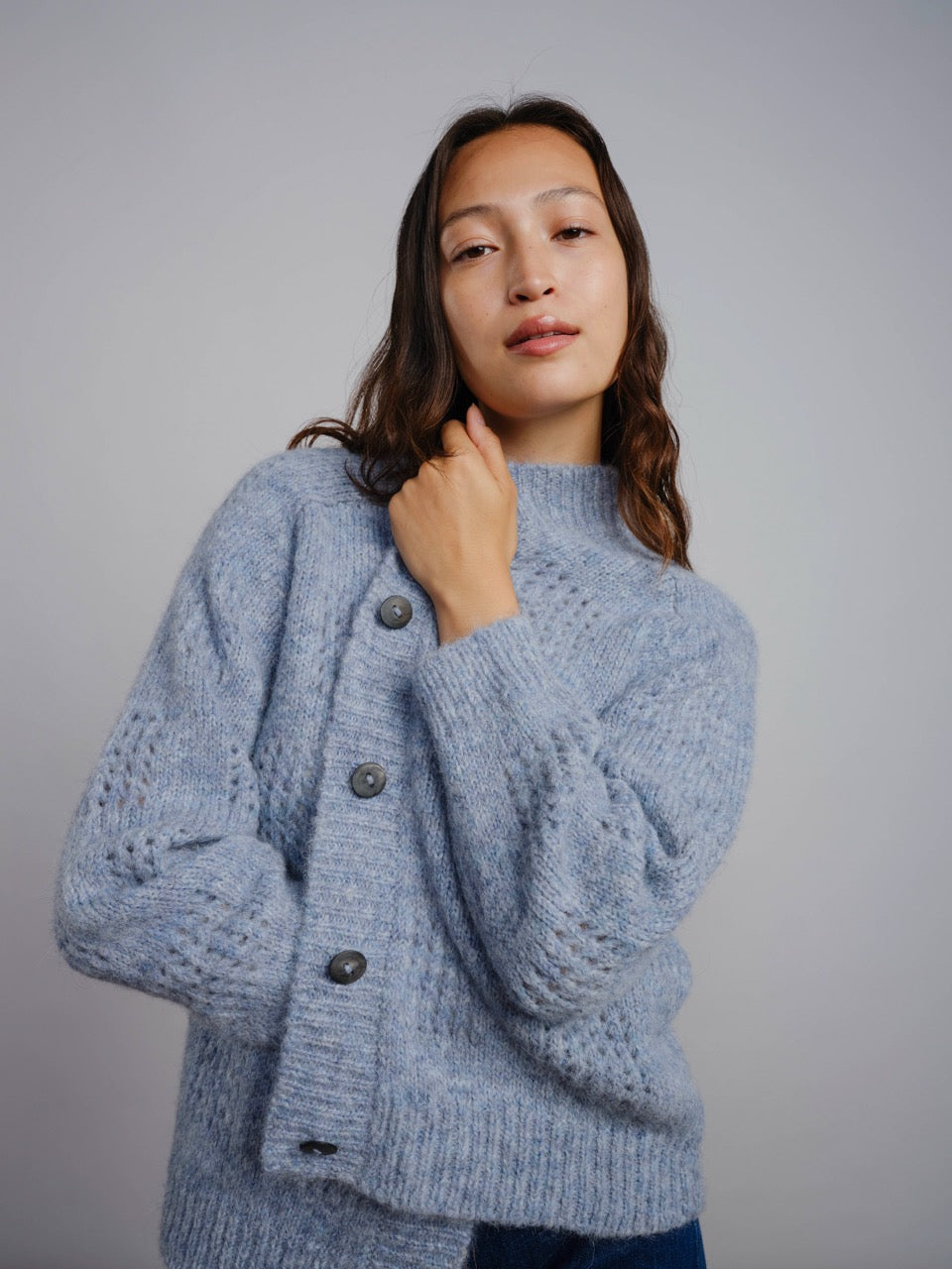 The Endery Ruth Cardigan, Glacier — blue alpaca cardigan