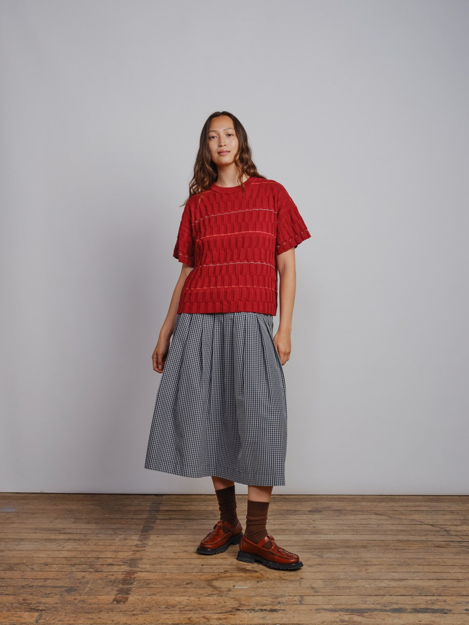 The Endery Wiggle Stripe Knit Grid Tee, Currant — red cotton tee