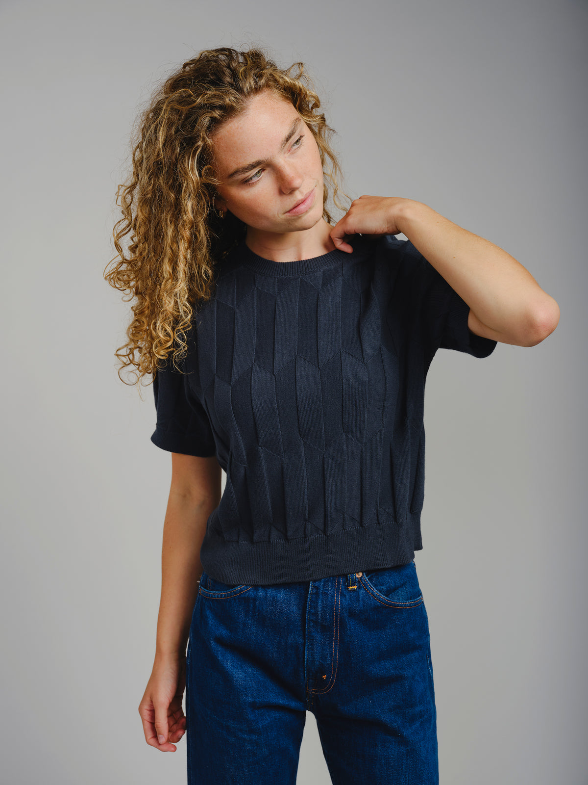 The Endery Chevron Ruben Tee, Lobelia — blue tee