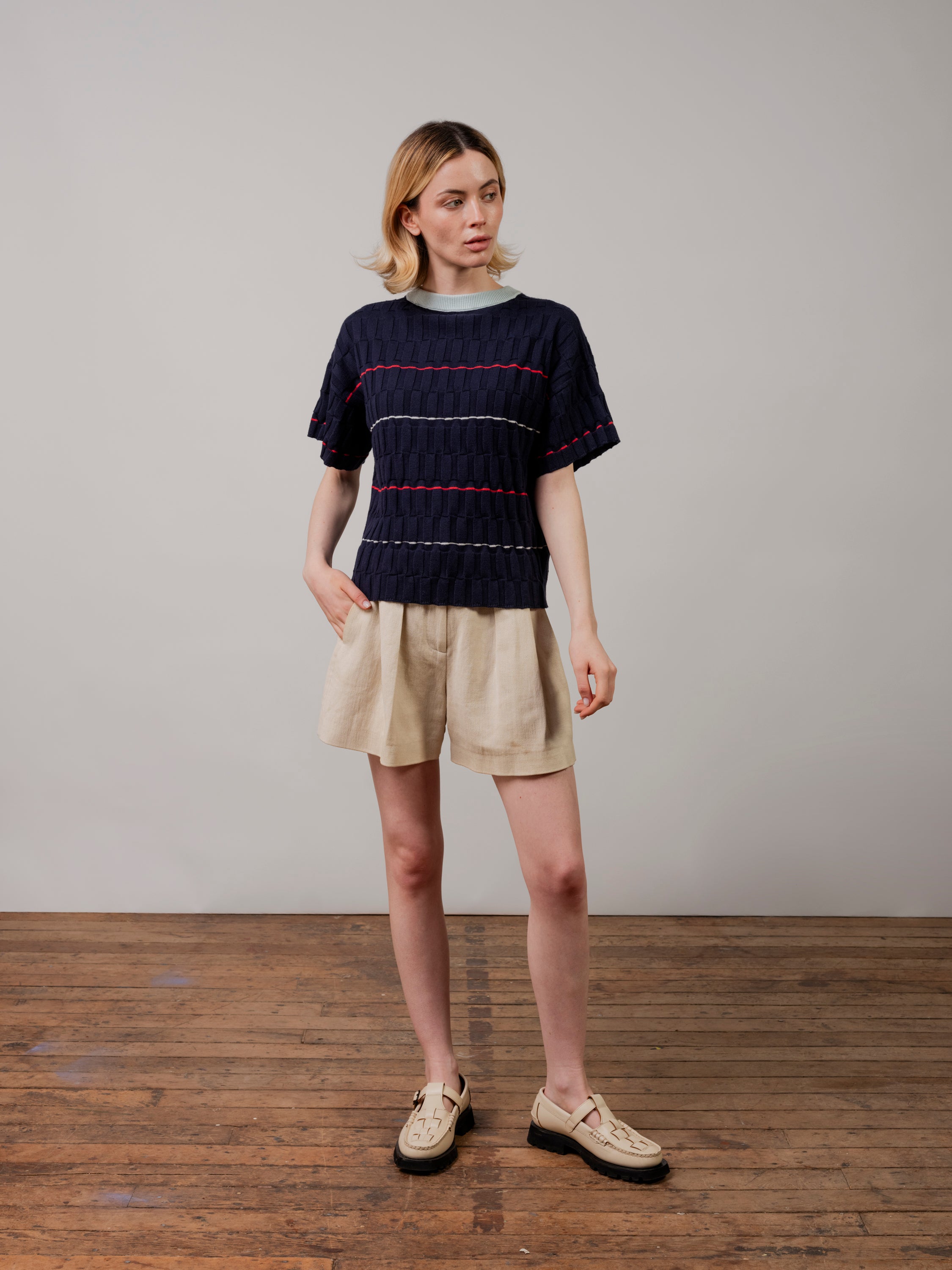 Wiggle Stripe Knit Grid Tee - Scilla