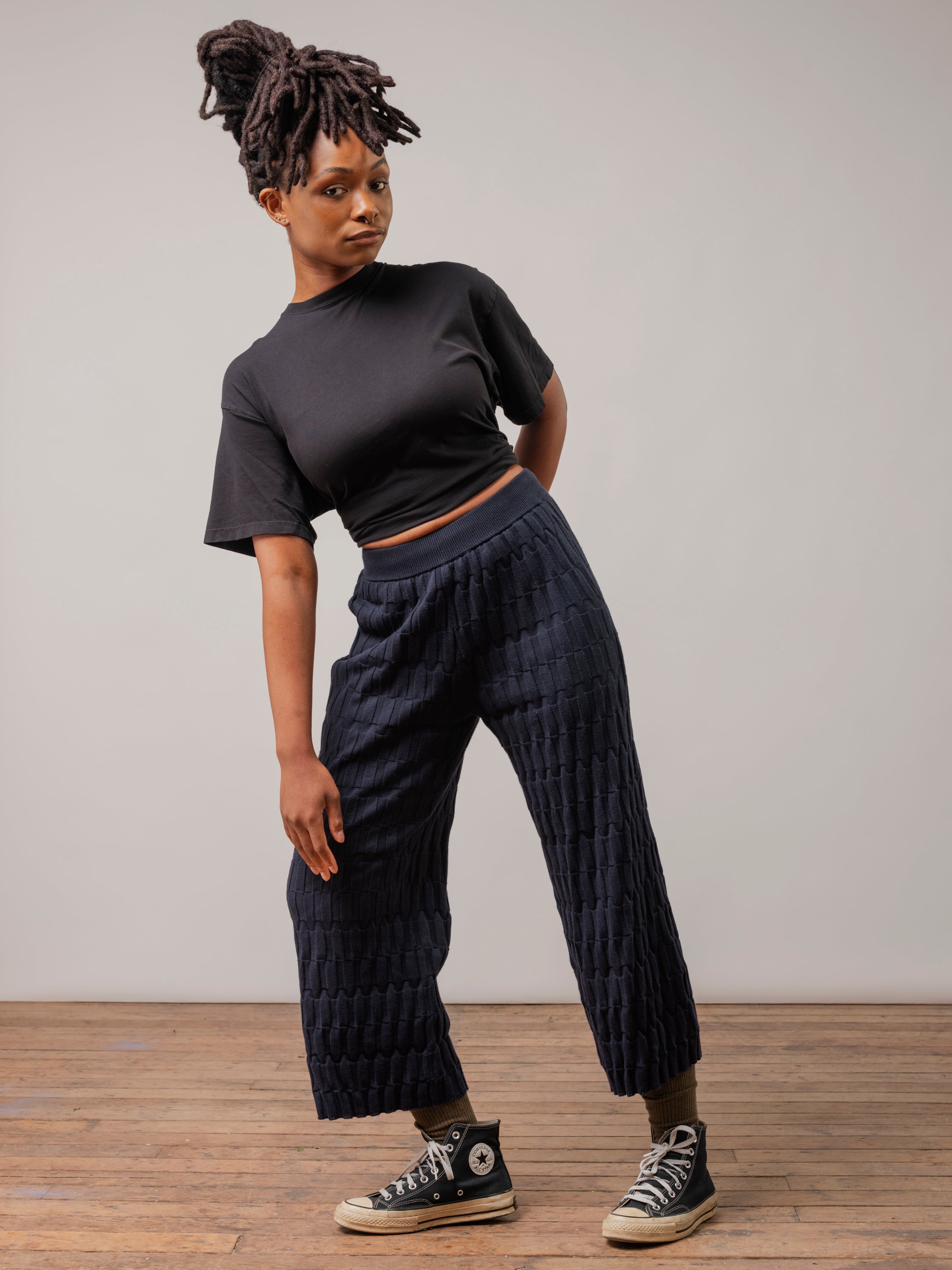 Grid Stitch Knit Wide Leg Pant - Ink
