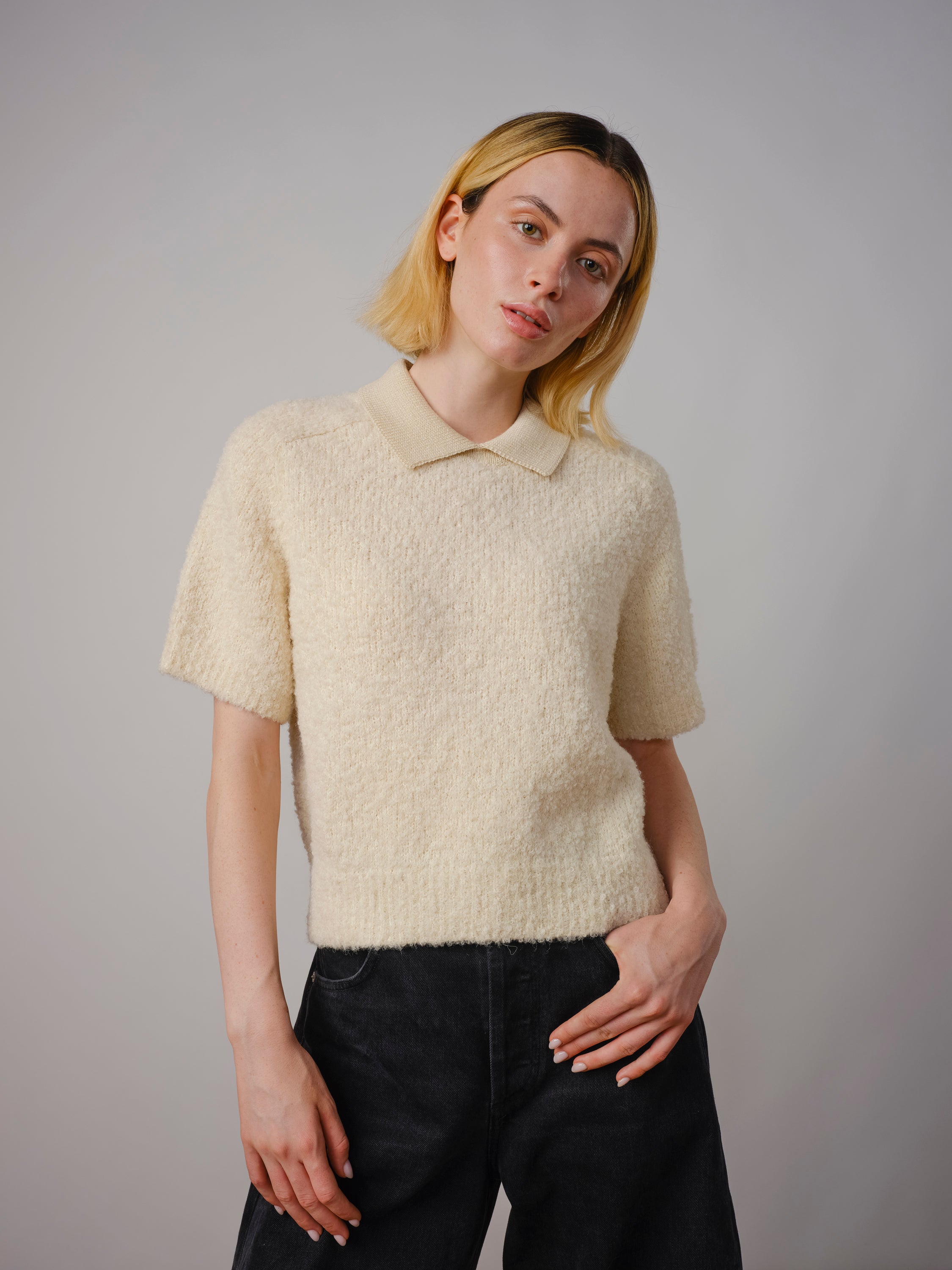 Ramona Bouclé Short Sleeve Polo - Calcite