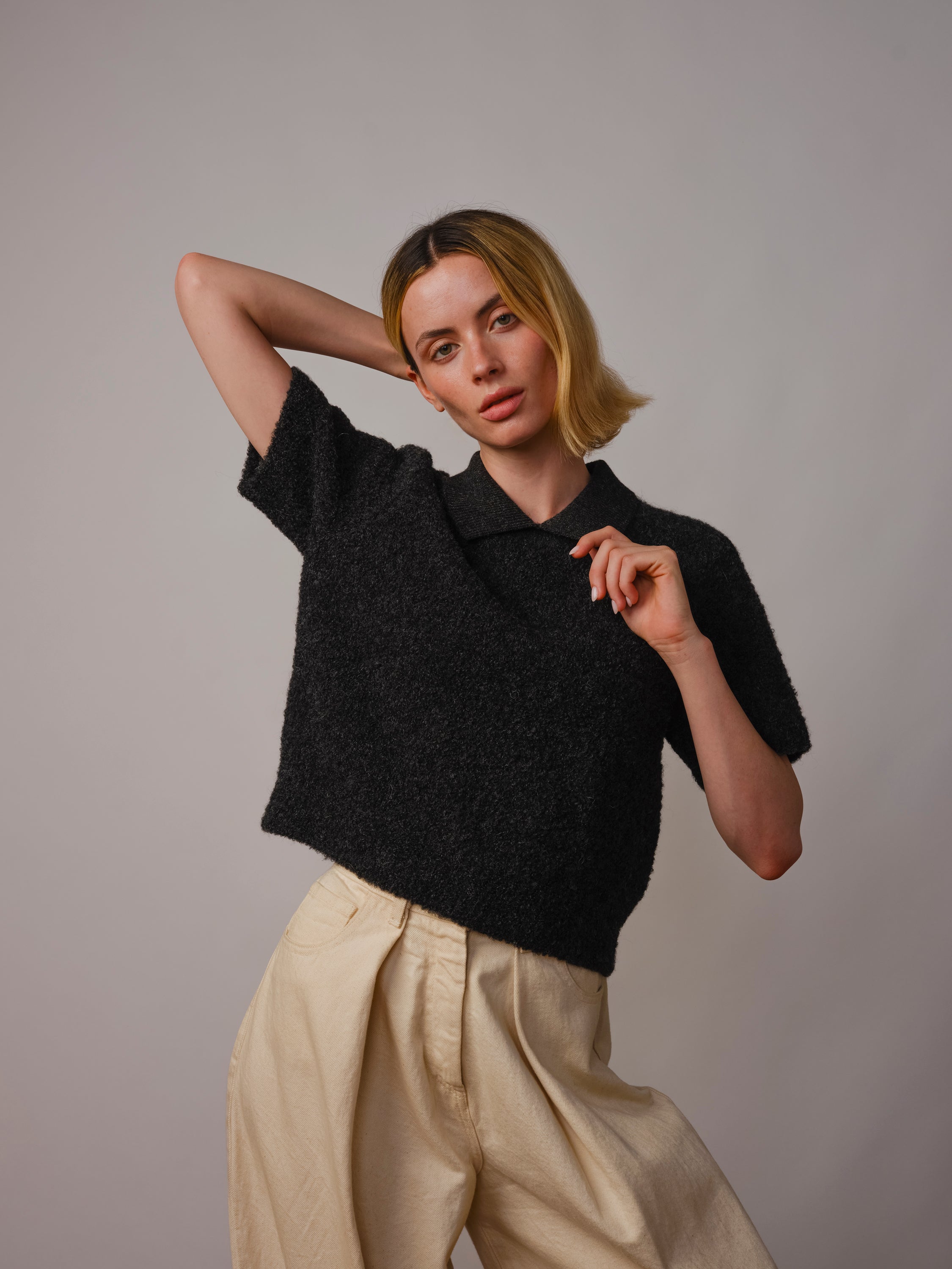 Ramona Bouclé Short Sleeve Polo - Anthracite