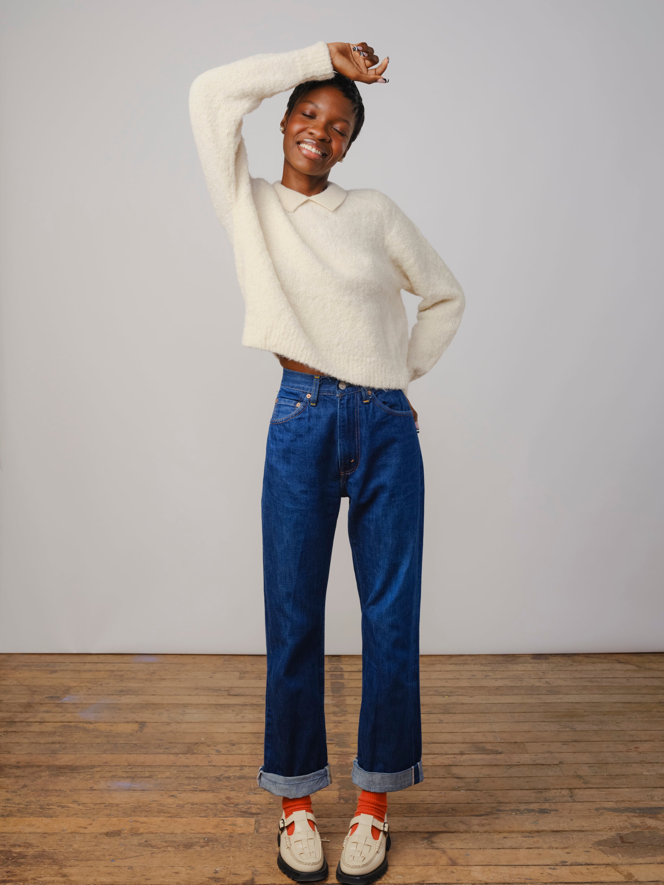 Bouclé Collared Long Sleeve Ruben Tee - Calcite