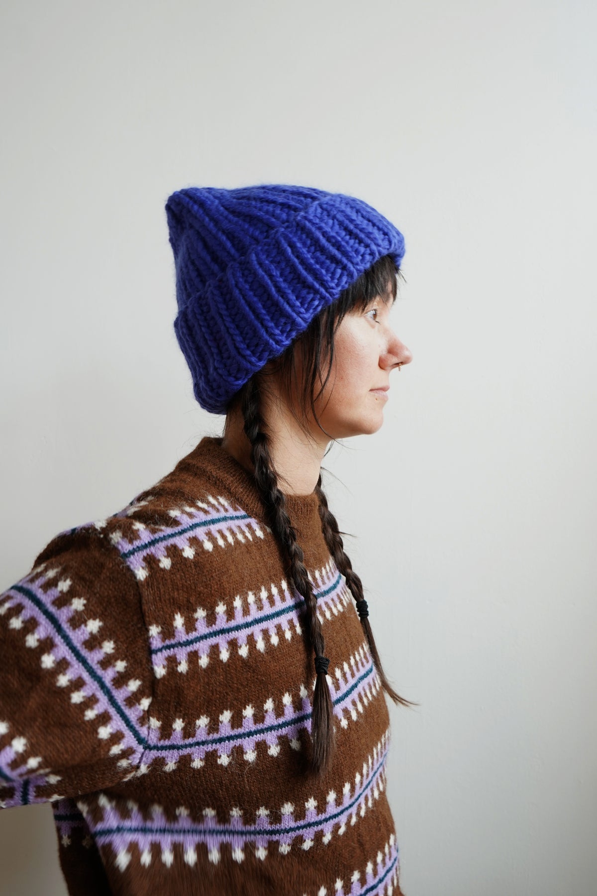 The Workwear hand-knit merino wool beanie in Lapis — product view