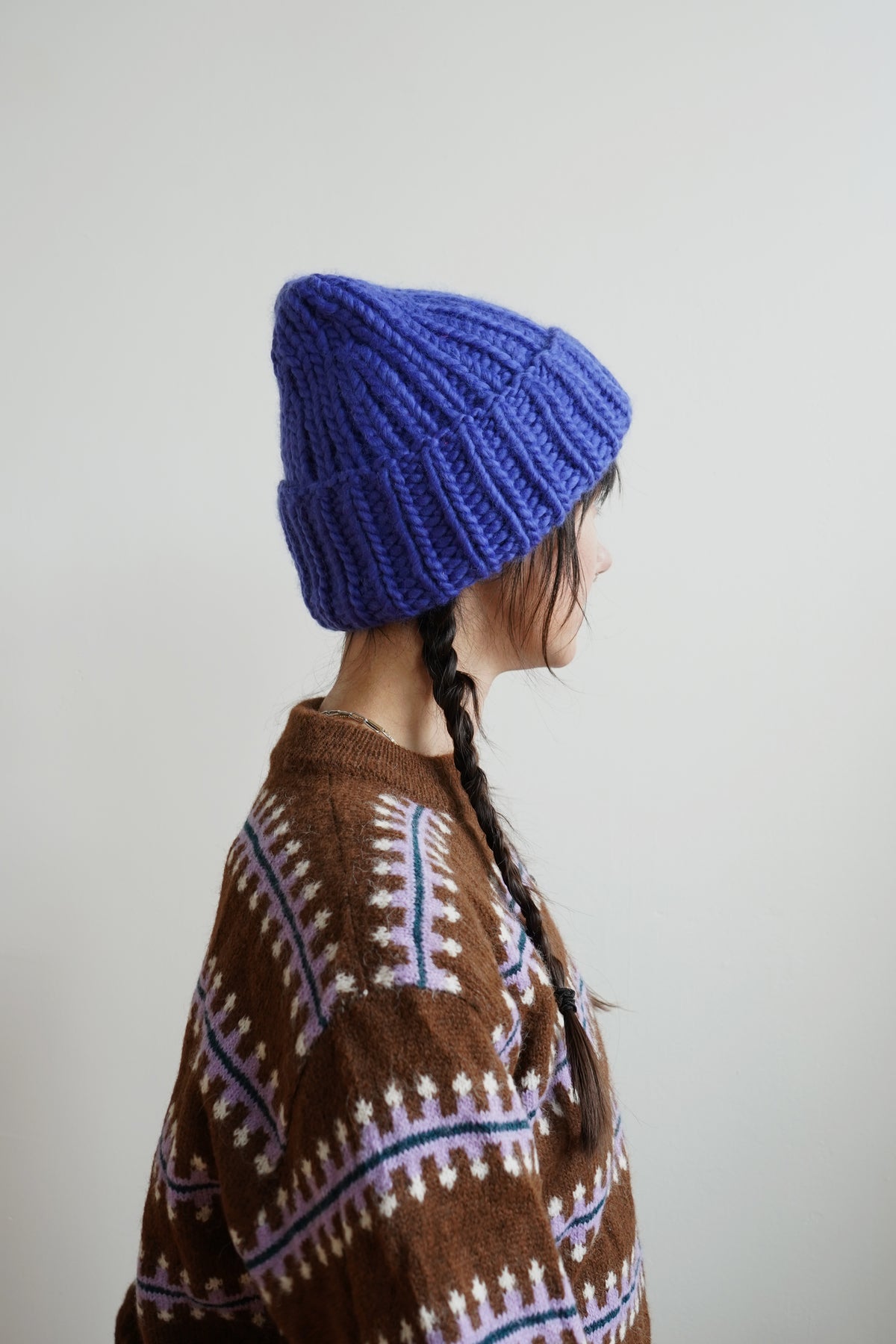 The Workwear hand-knit merino wool beanie in Lapis — product view