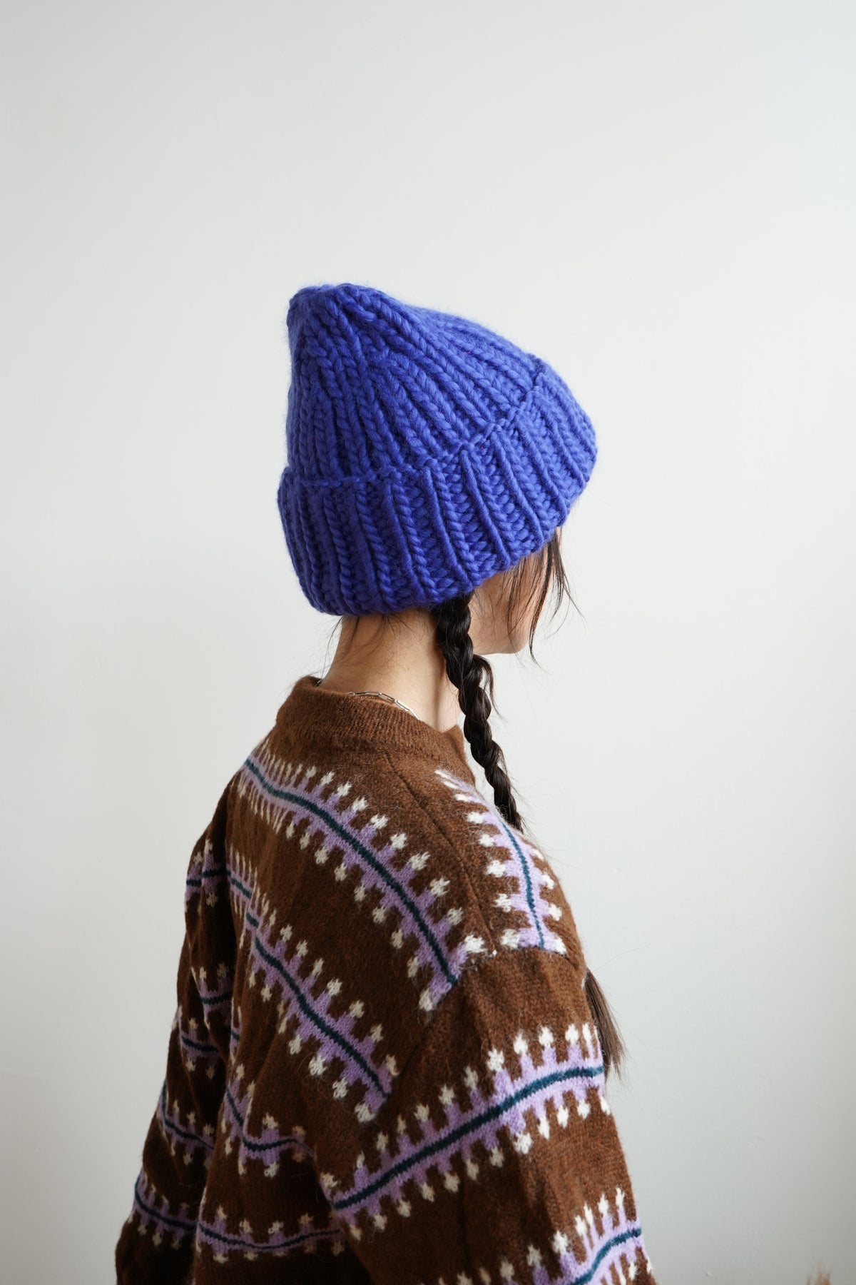 The Workwear hand-knit merino wool beanie in Lapis — product view