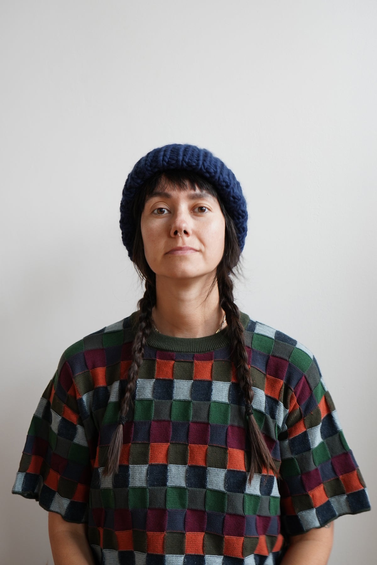 The Workwear hand-knit merino wool beanie in Blueprint — product view
