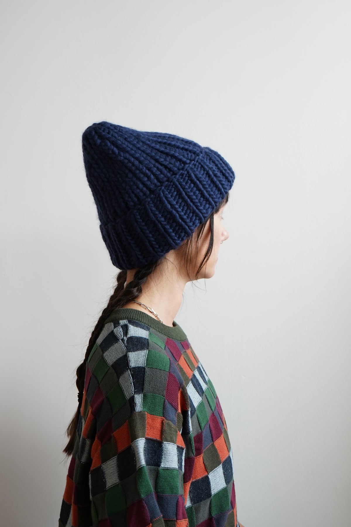 The Workwear hand-knit merino wool beanie in Blueprint — product view