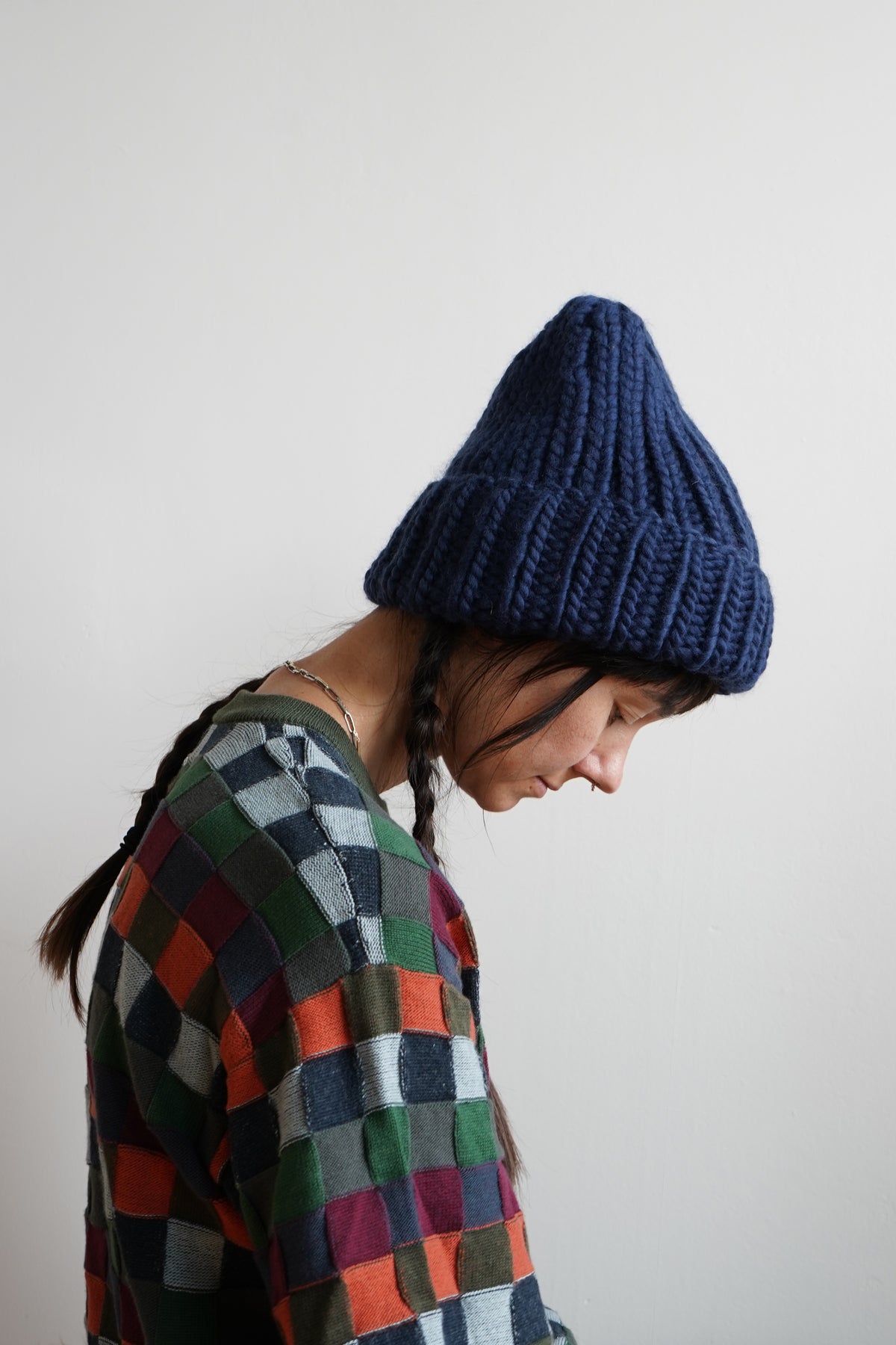 The Workwear hand-knit merino wool beanie in Blueprint — product view
