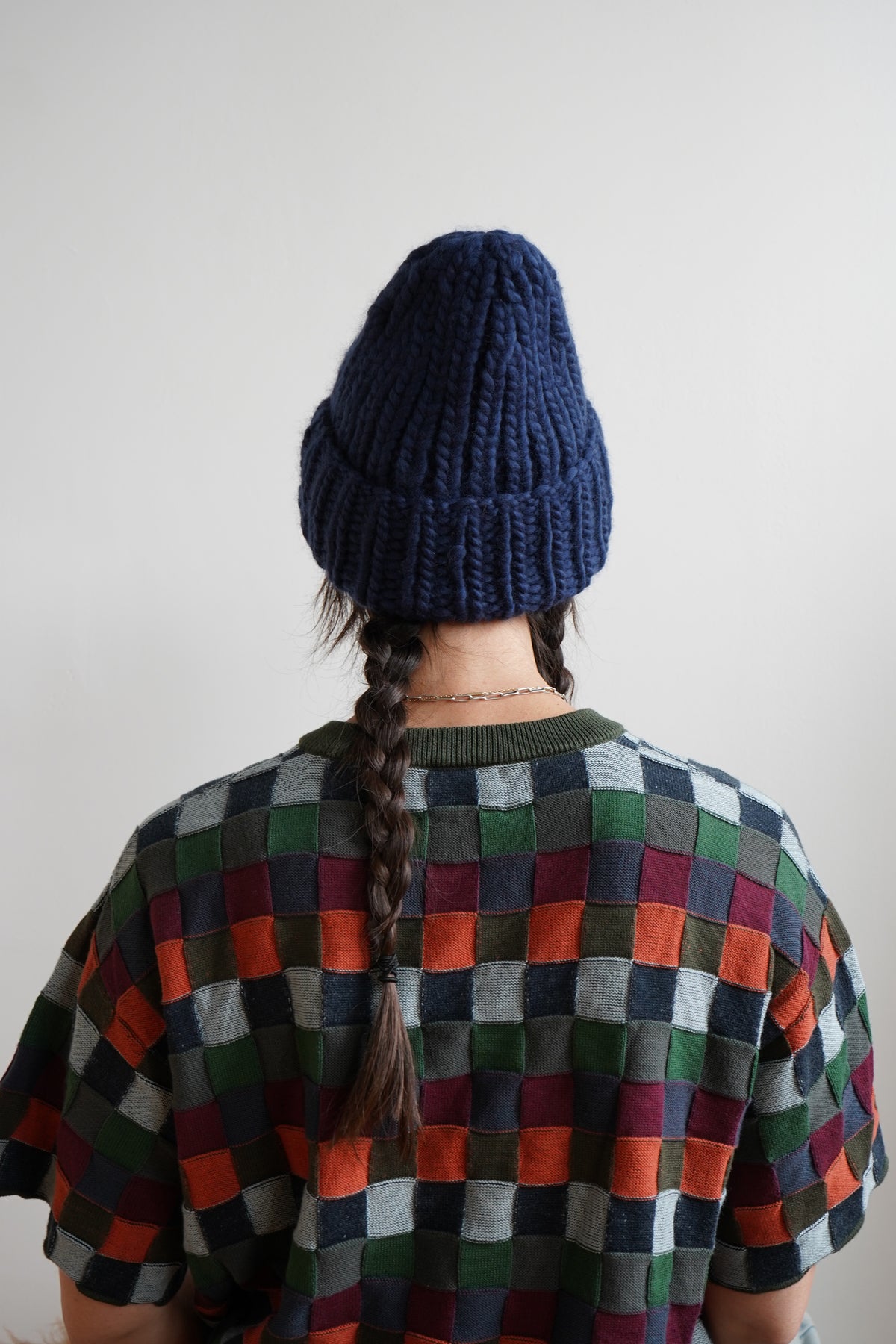 The Workwear hand-knit merino wool beanie in Blueprint — product view