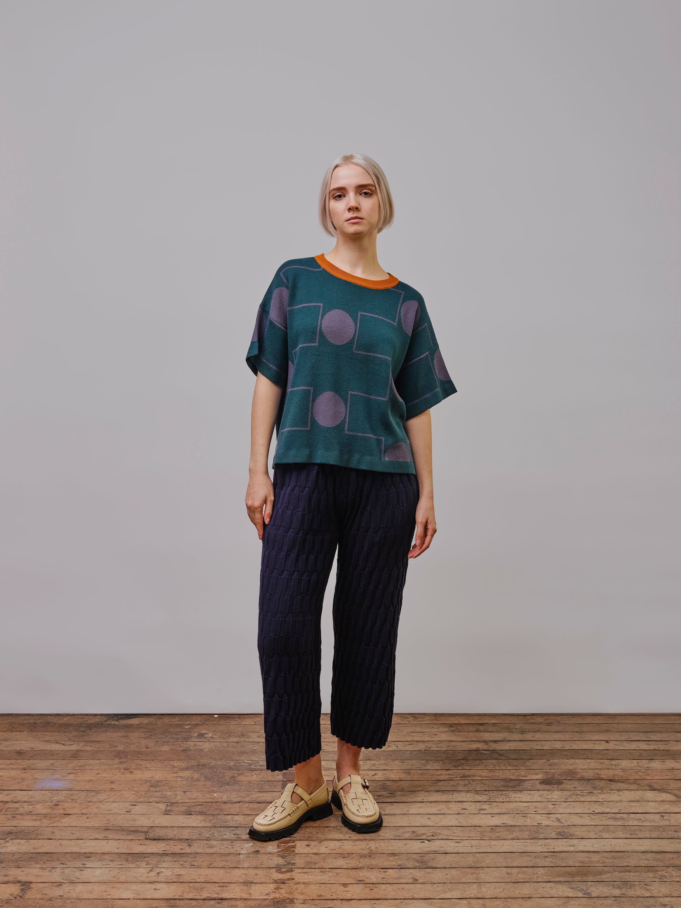 Grid Stitch Knit Wide Leg Pant - Ink
