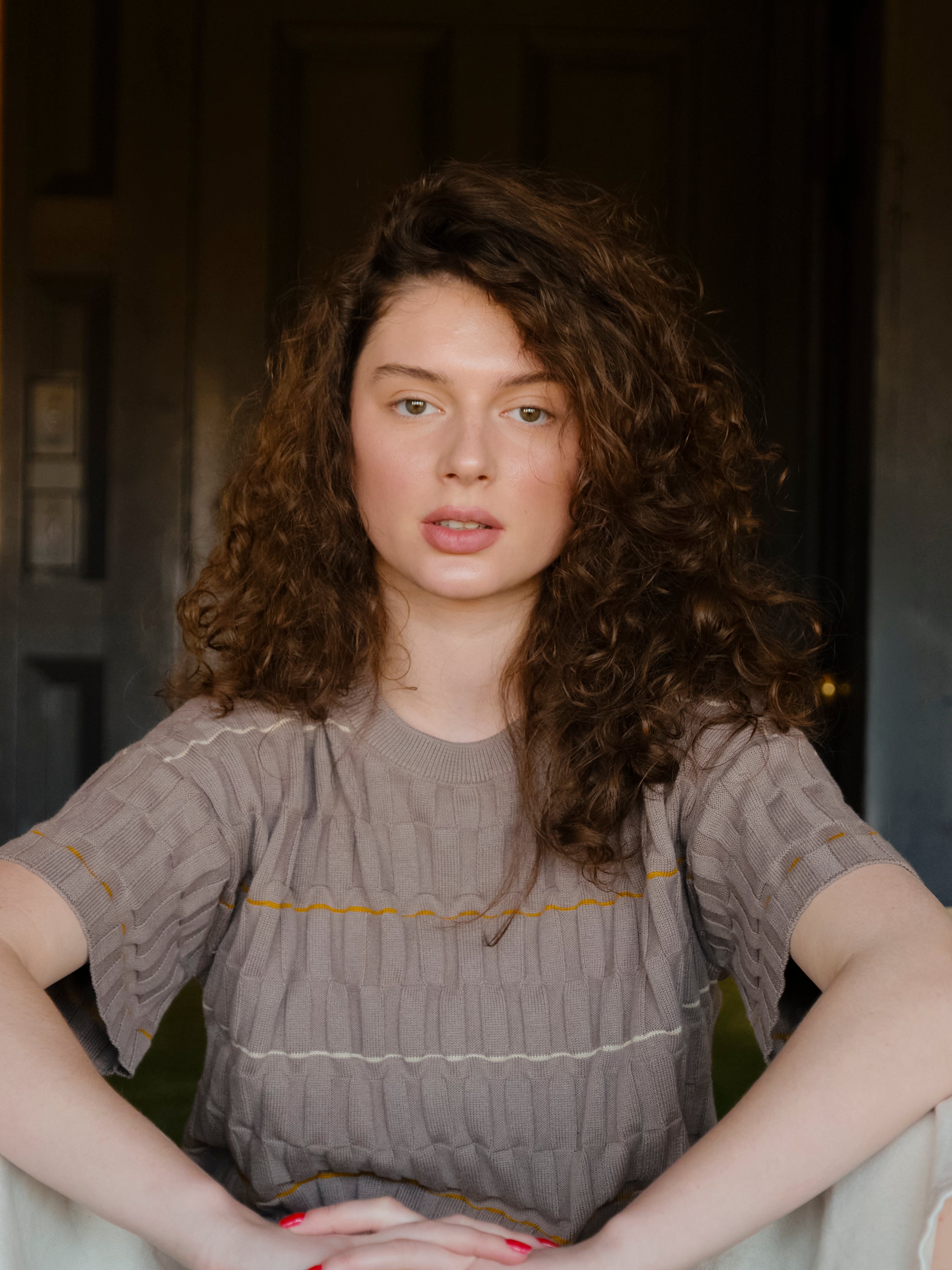 Wiggle Stripe Knit Grid Tee - Pebble