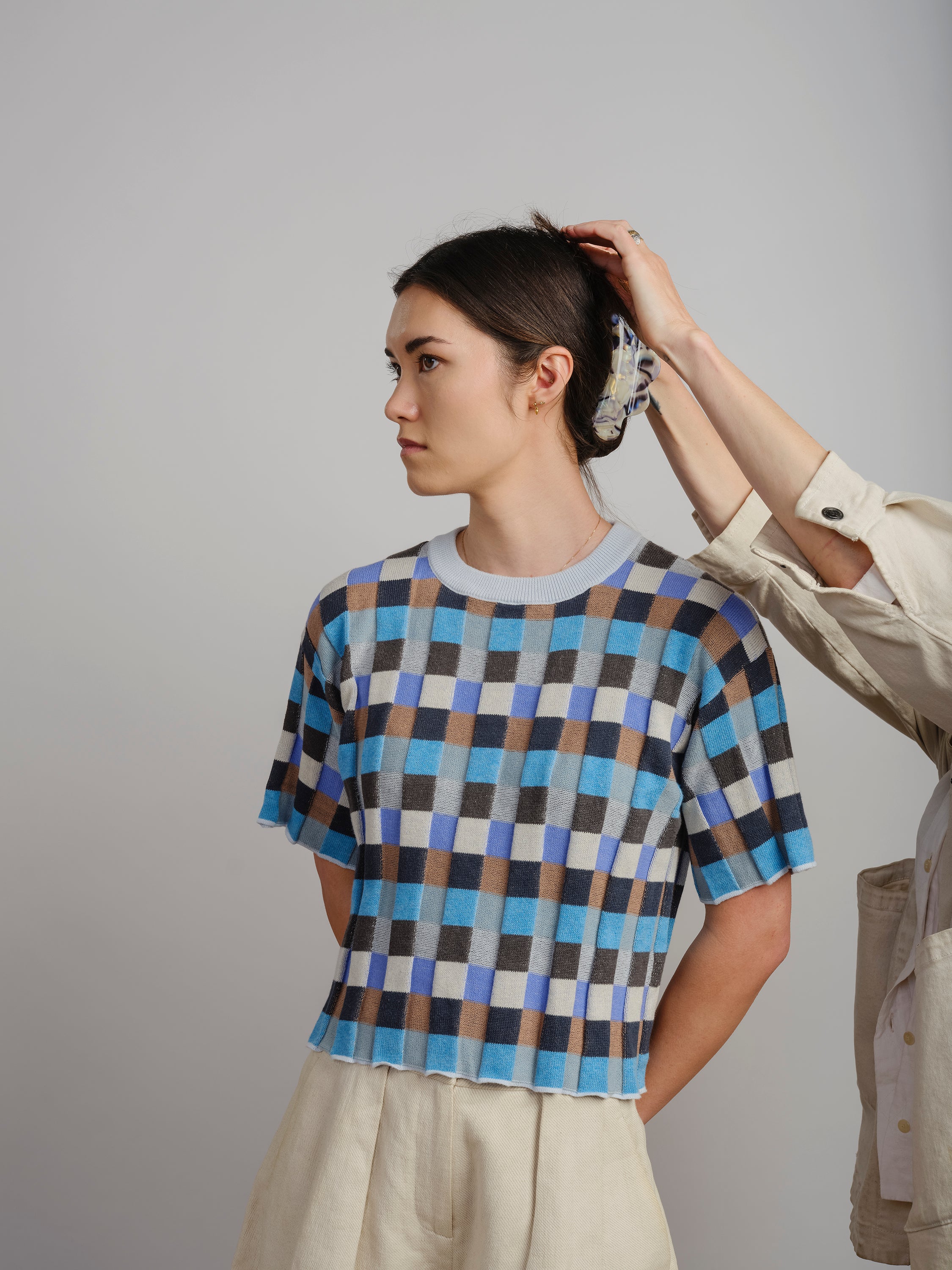 Anni Grid Plaited Tee - Jetstream