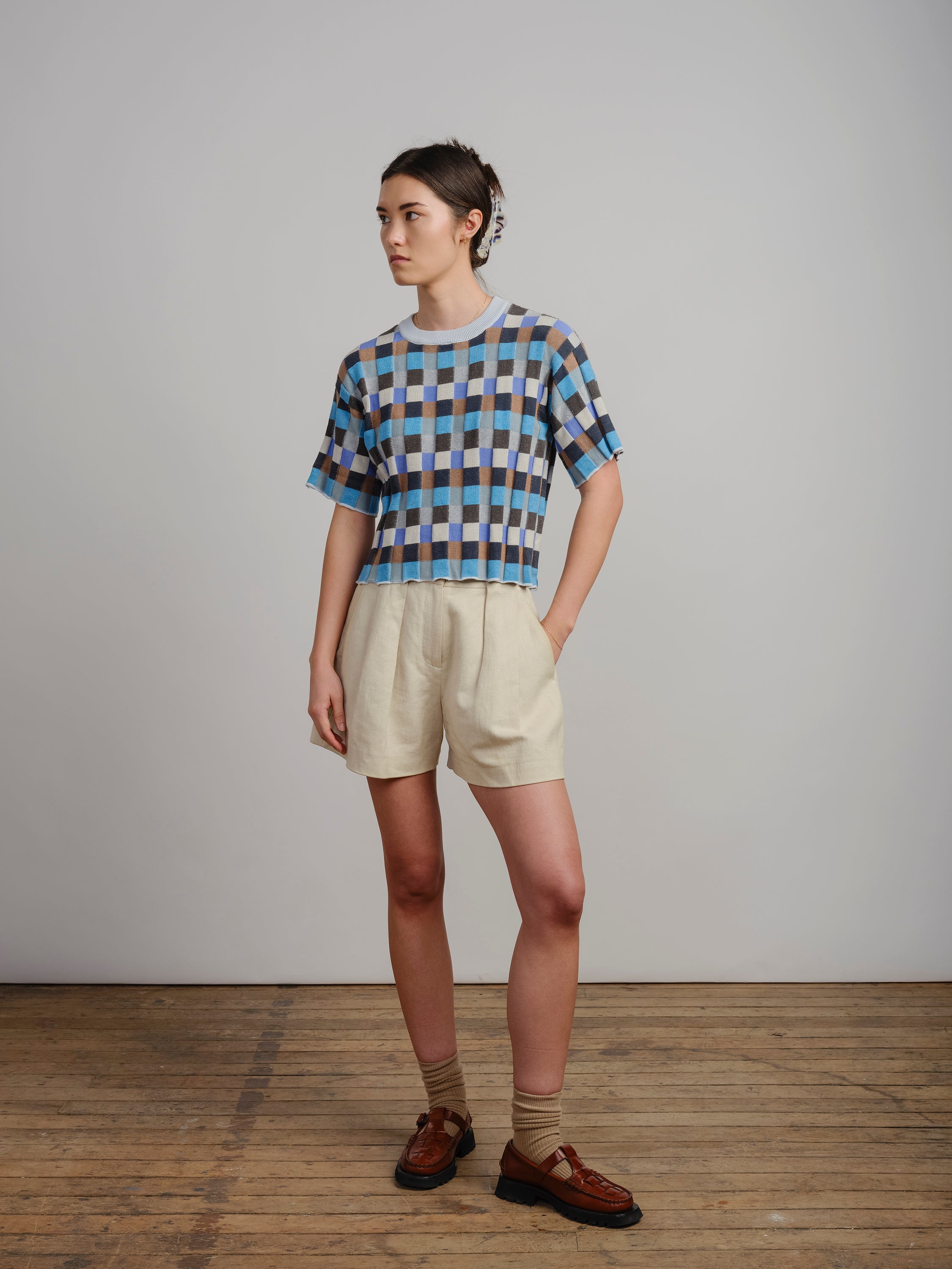 Anni Grid Plaited Tee - Jetstream