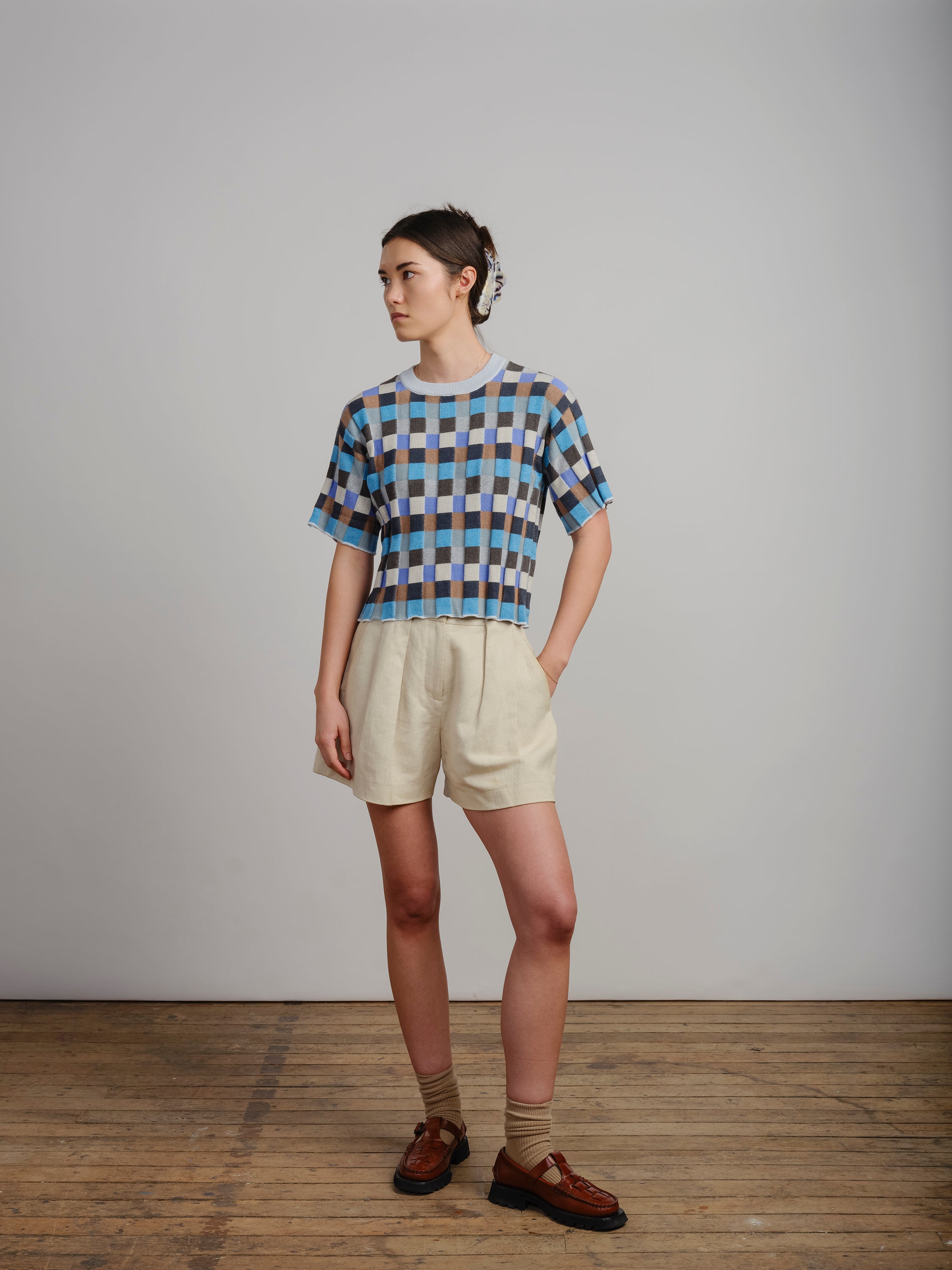 Anni Grid Plaited Tee - Jetstream