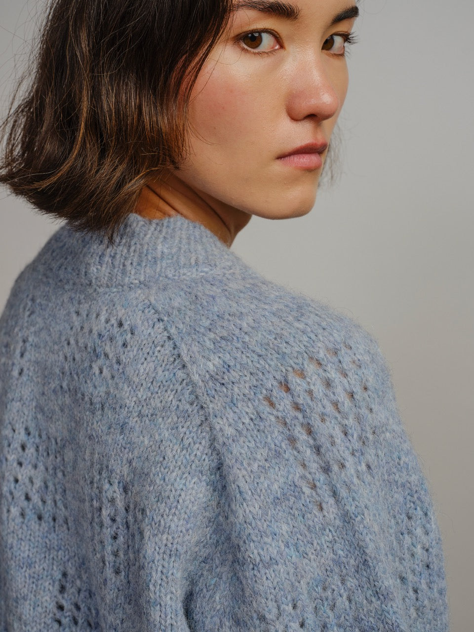 The Endery Ruth Cardigan, Glacier — blue alpaca cardigan