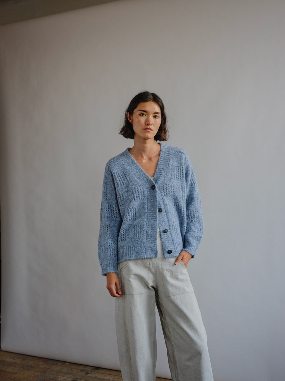 The Endery Ruth Cardigan, Glacier — blue alpaca cardigan