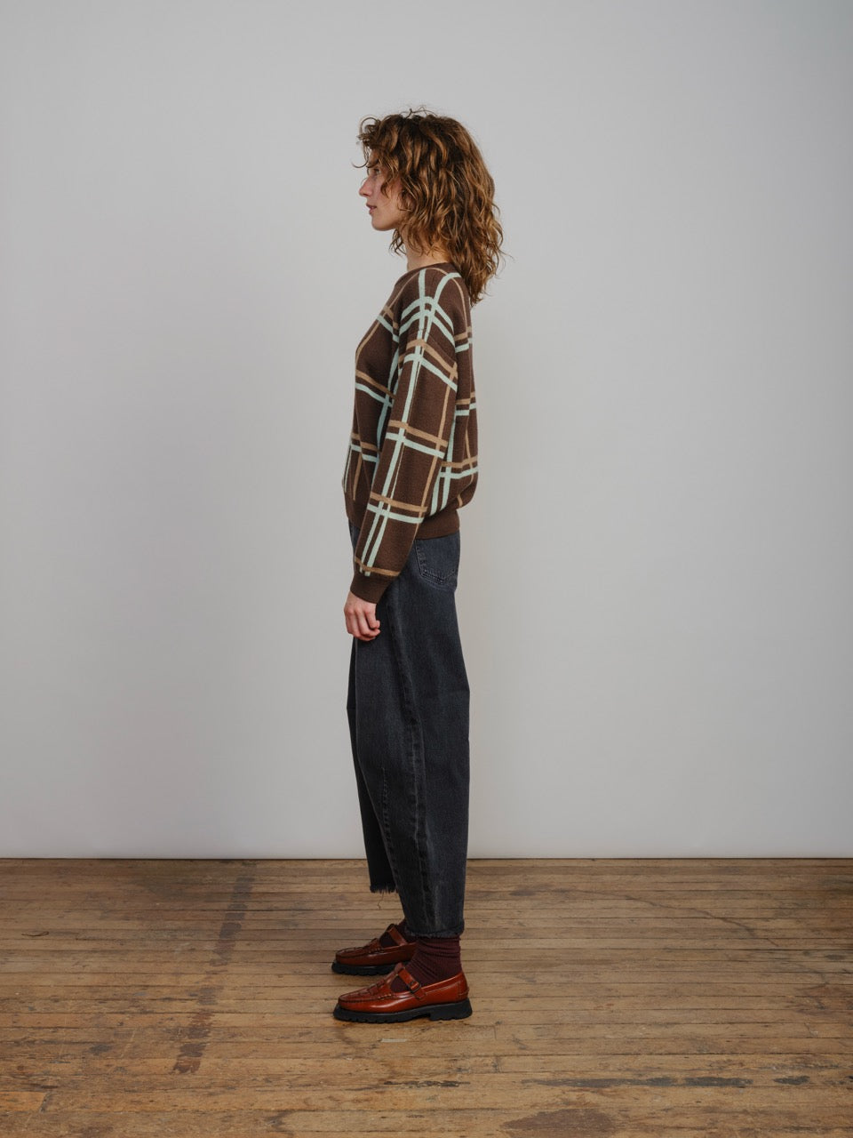The Endery Marlow Plaid Sweater, Anise — brown merino wool sweater