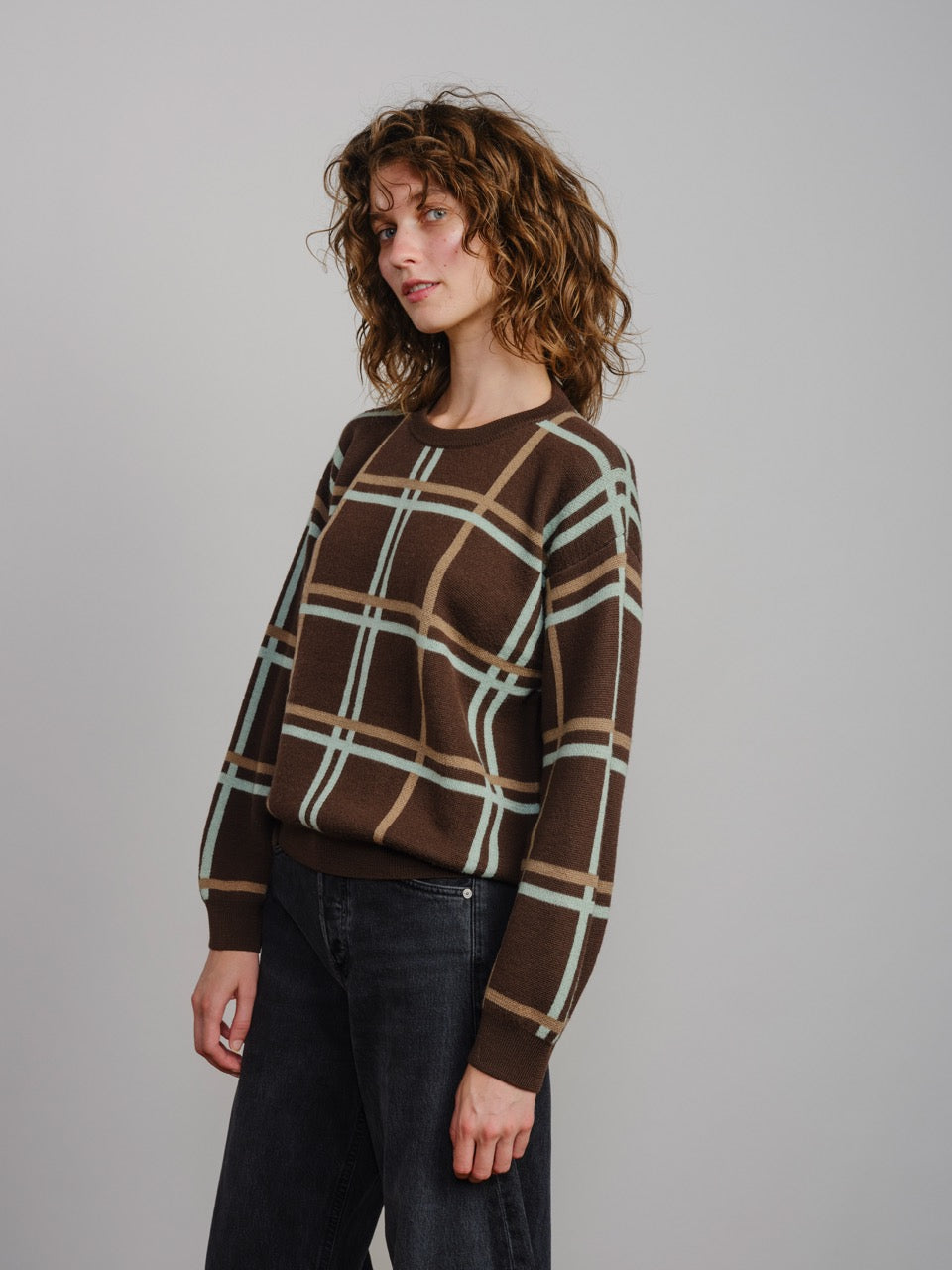 The Endery Marlow Plaid Sweater, Anise — brown merino wool sweater