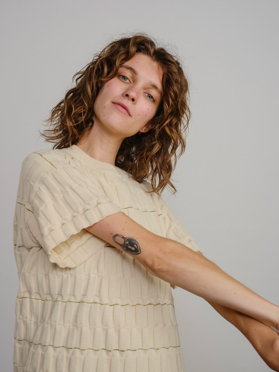 The Endery Wiggle Stripe Knit Grid Tee, Lustre — cotton tee