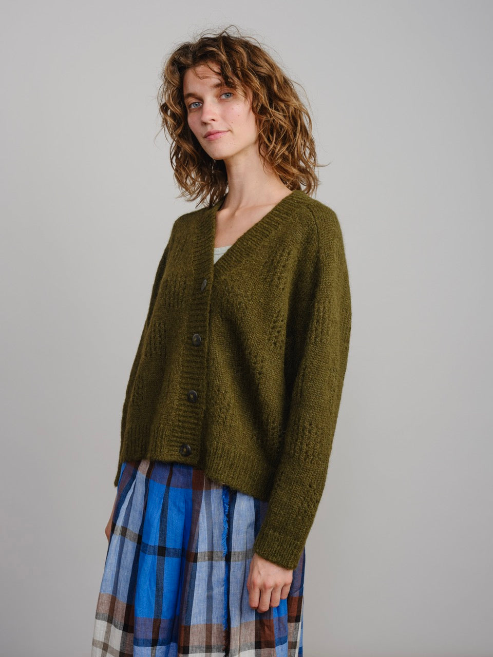 The Endery Ruth Cardigan, Moss — green alpaca cardigan