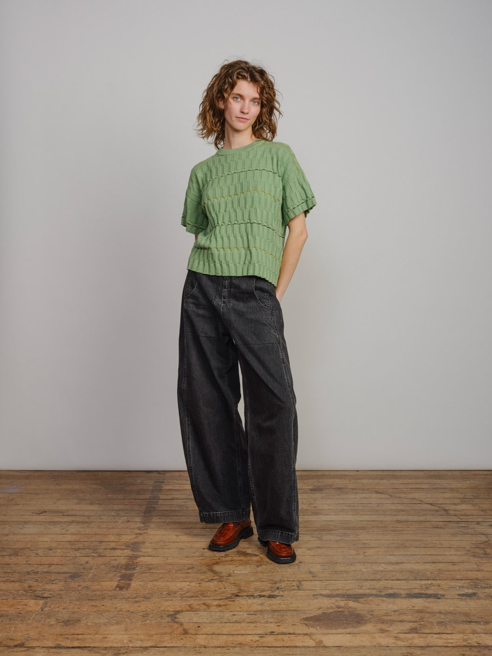 Wiggle Stripe Knit Grid Tee - Eucalyptus