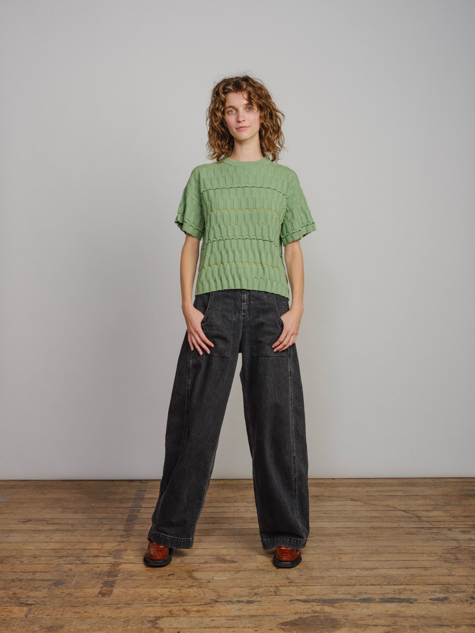 Wiggle Stripe Knit Grid Tee - Eucalyptus