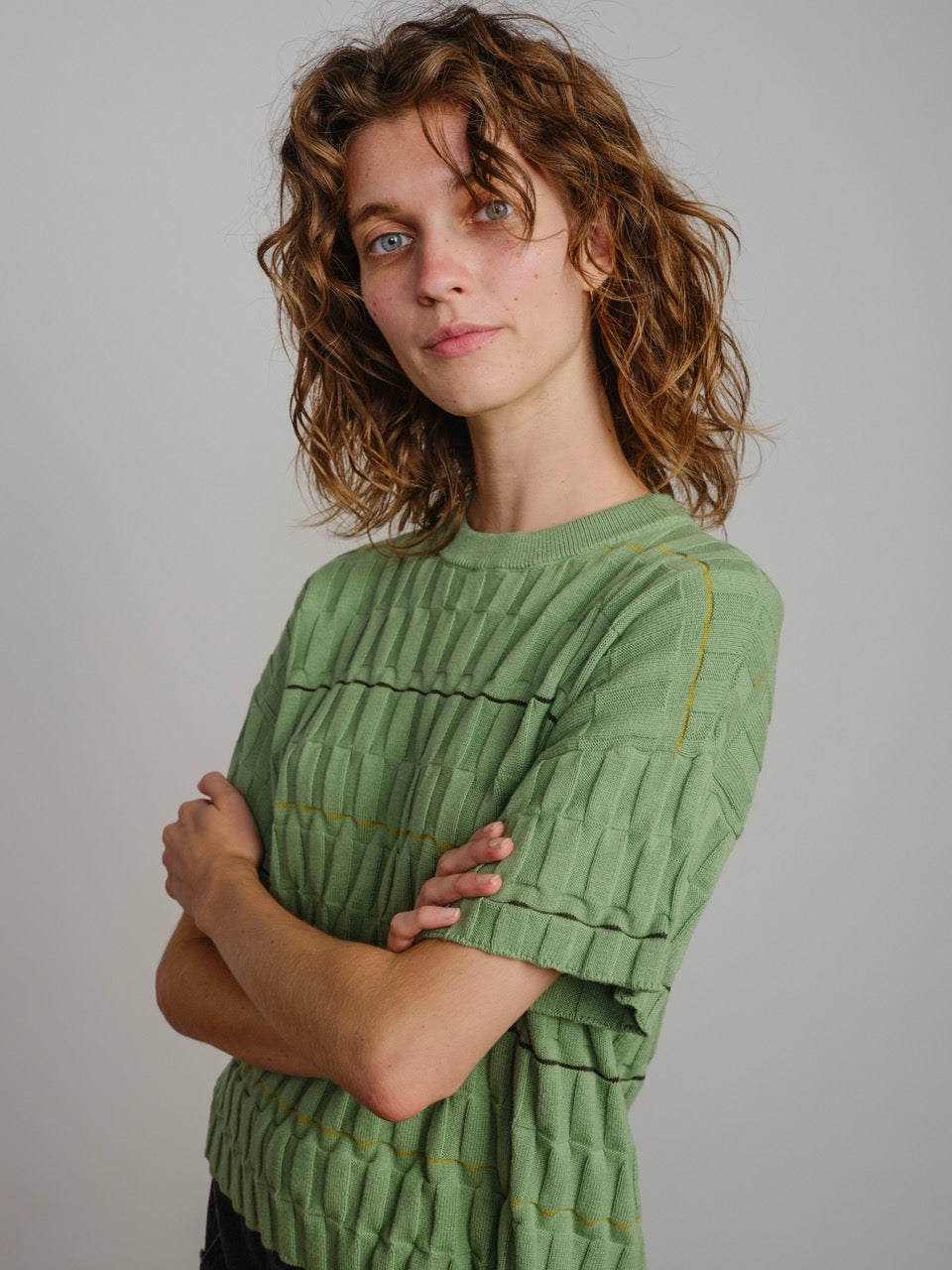 Wiggle Stripe Knit Grid Tee - Eucalyptus