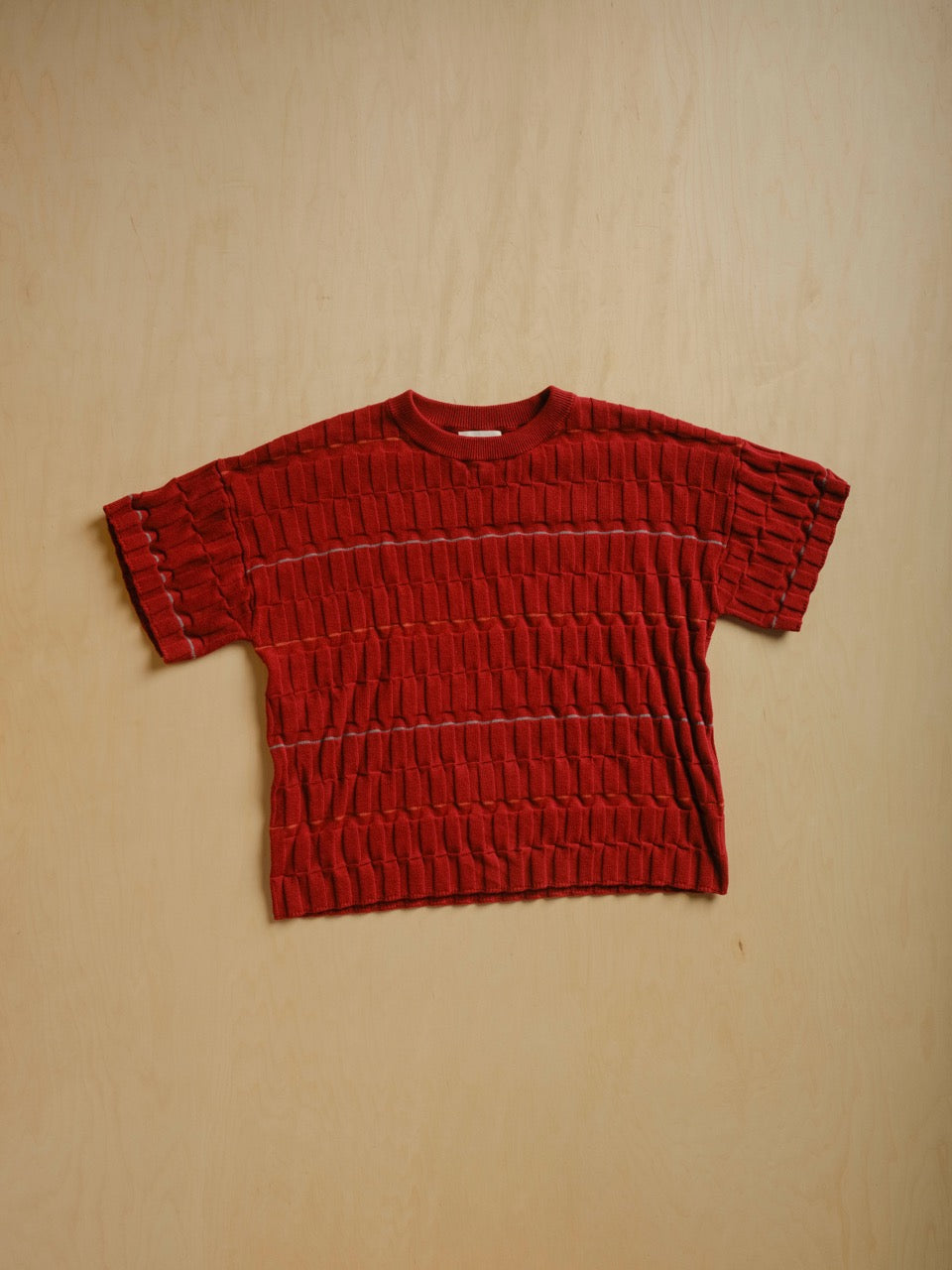 The Endery Wiggle Stripe Knit Grid Tee, Currant — red cotton tee