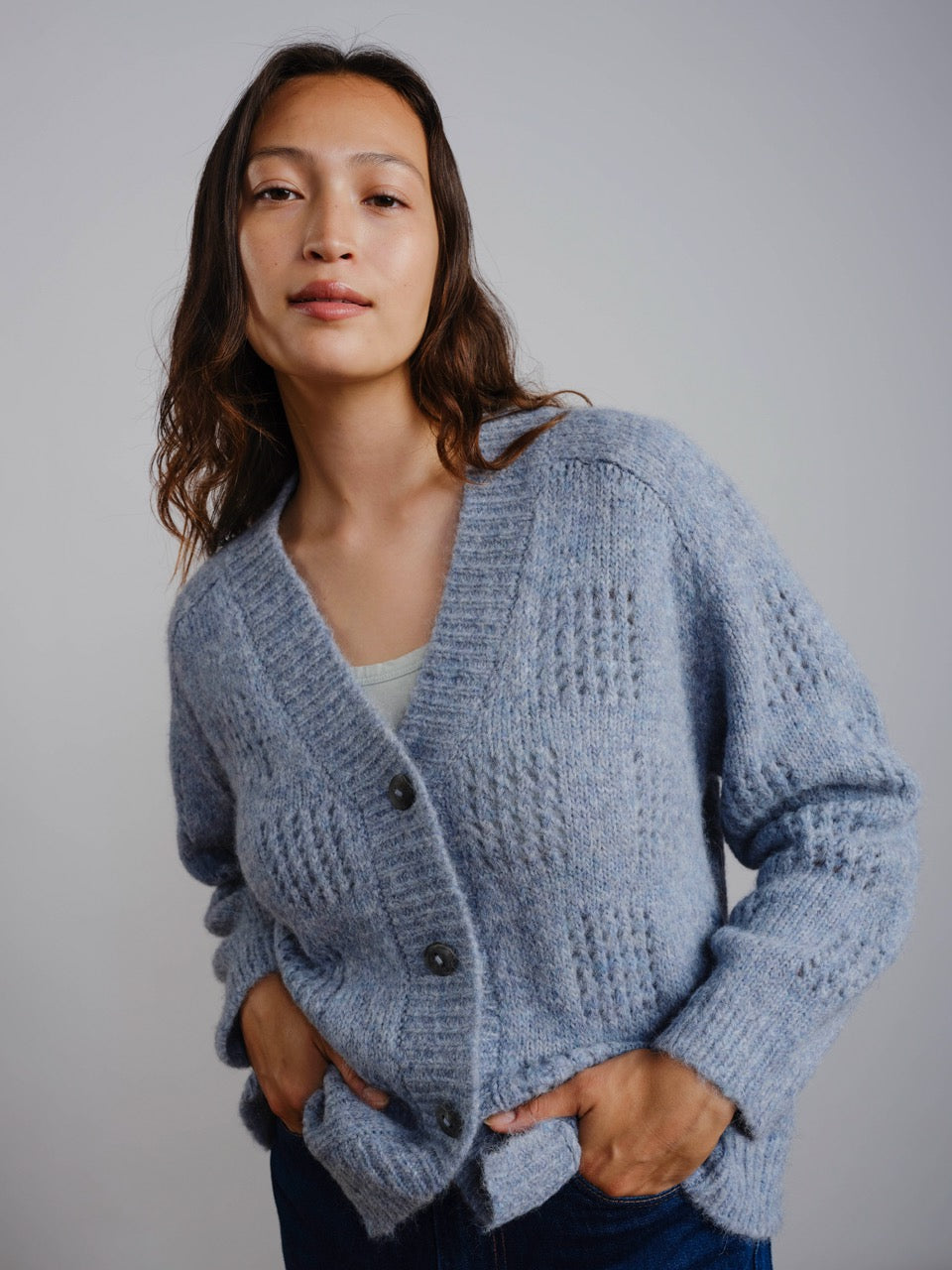 The Endery Ruth Cardigan, Glacier — blue alpaca cardigan