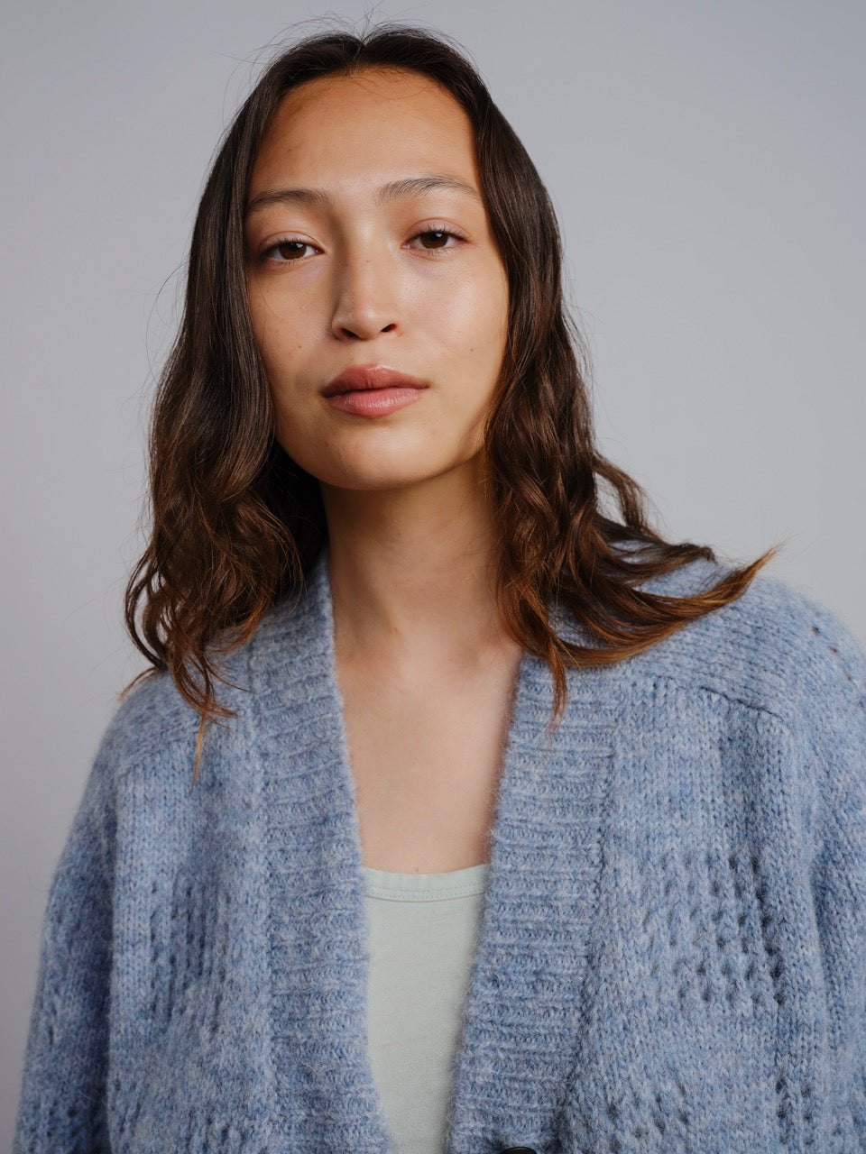 The Endery Ruth Cardigan, Glacier — blue alpaca cardigan