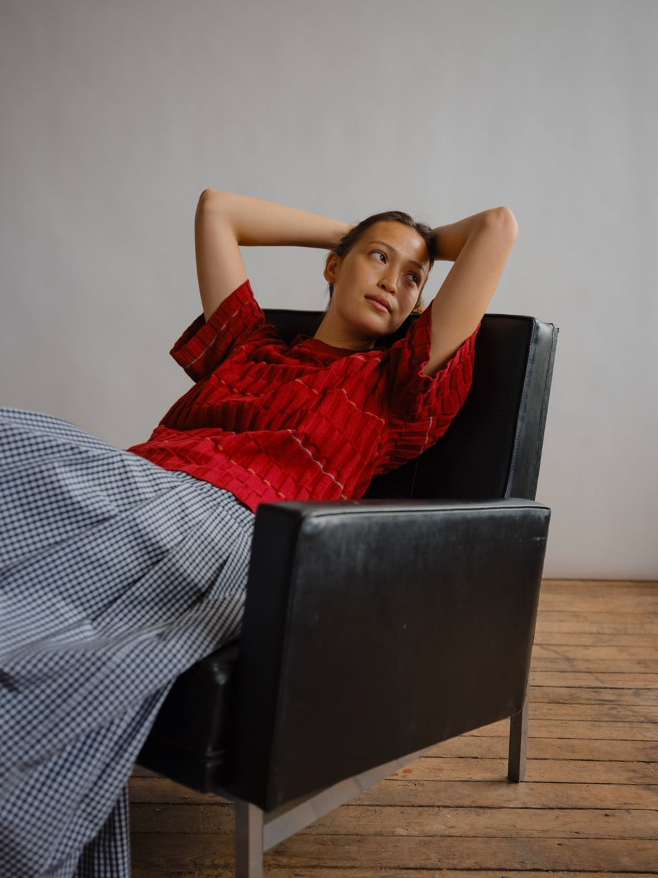 The Endery Wiggle Stripe Knit Grid Tee, Currant — red cotton tee