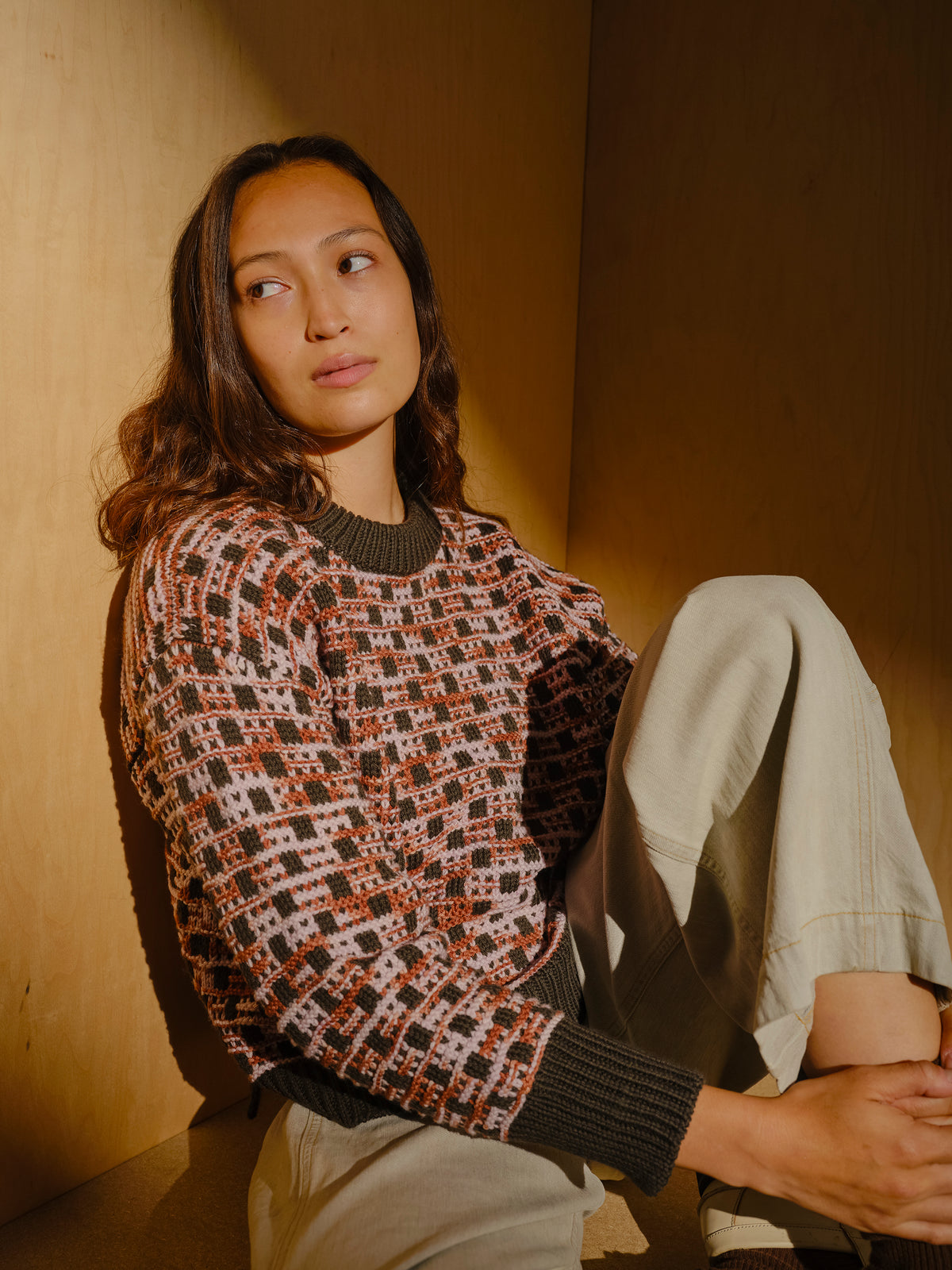 The Endery Augusta Grid Stitch Sweater, Peat — merino wool sweater