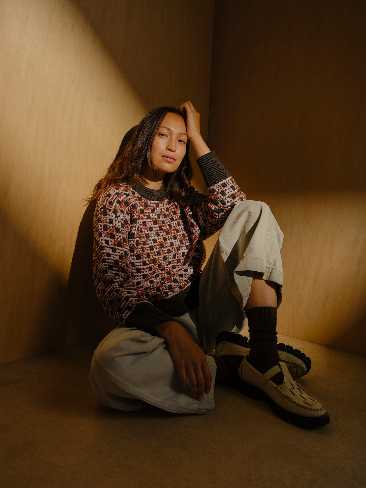 The Endery Augusta Grid Stitch Sweater, Peat — merino wool sweater