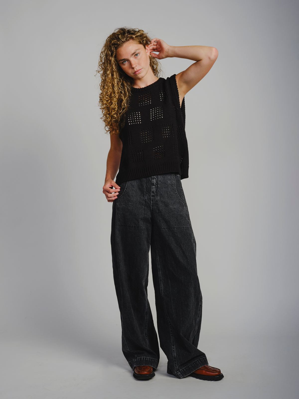 The Endery Katt Eyelet Vest, Licorice — vest