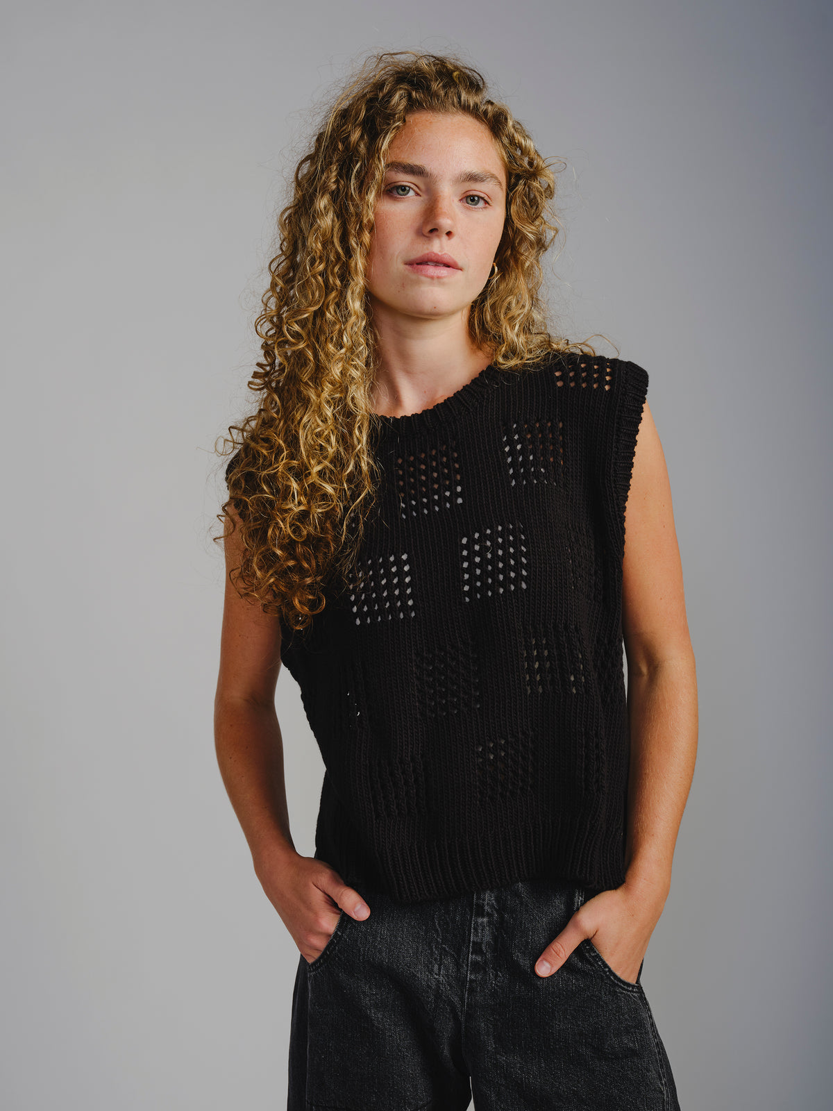 The Endery Katt Eyelet Vest, Licorice — vest