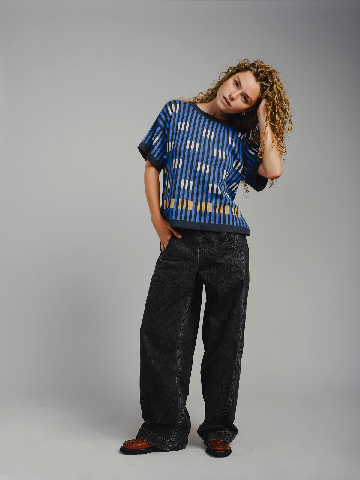 The Endery Bauhaus Short Sleeve Sweater Tee, Garnet — blue Pima cotton tee