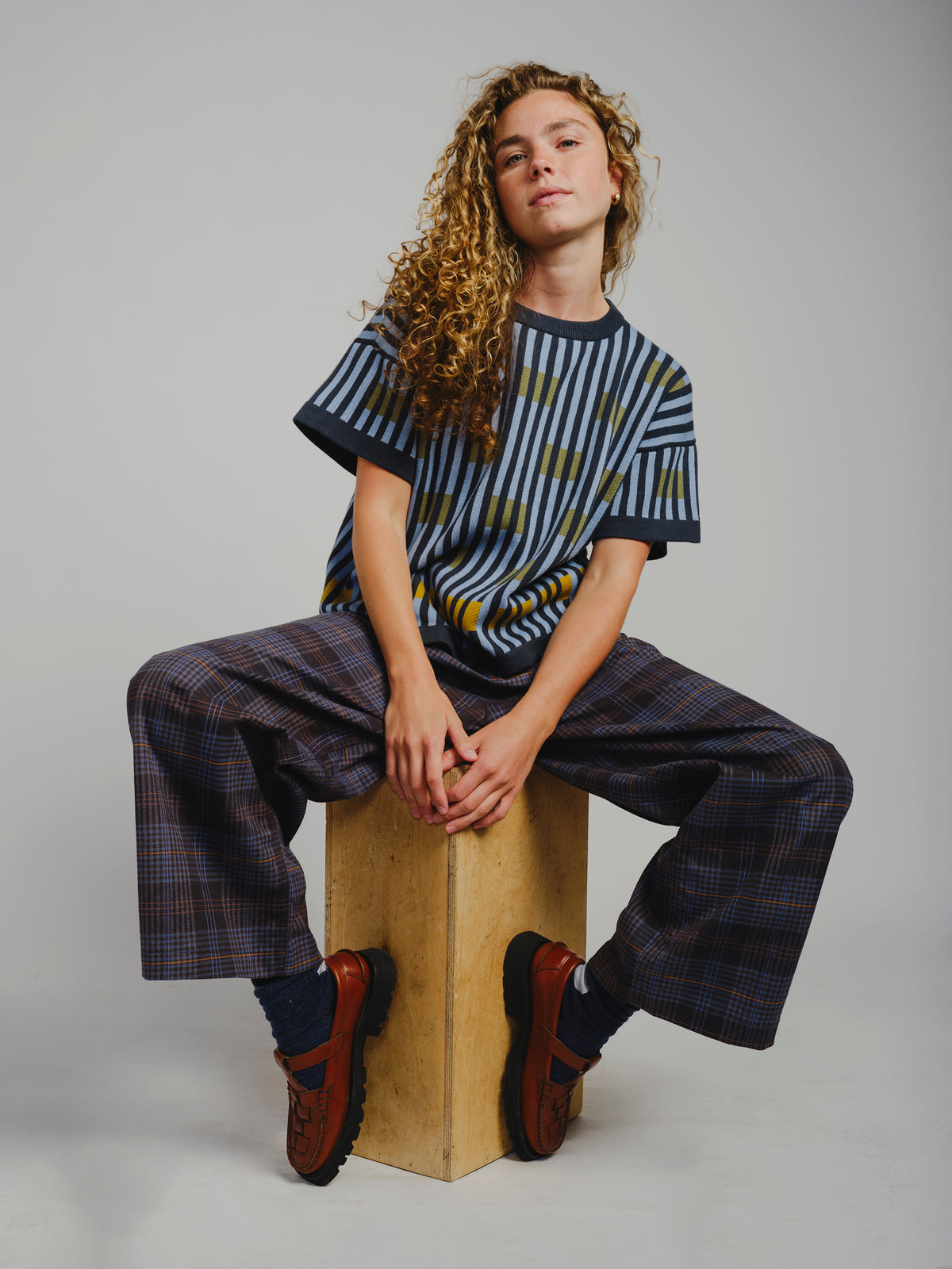 The Endery Bauhaus Short Sleeve Sweater Tee, Lazurite — blue Pima cotton tee