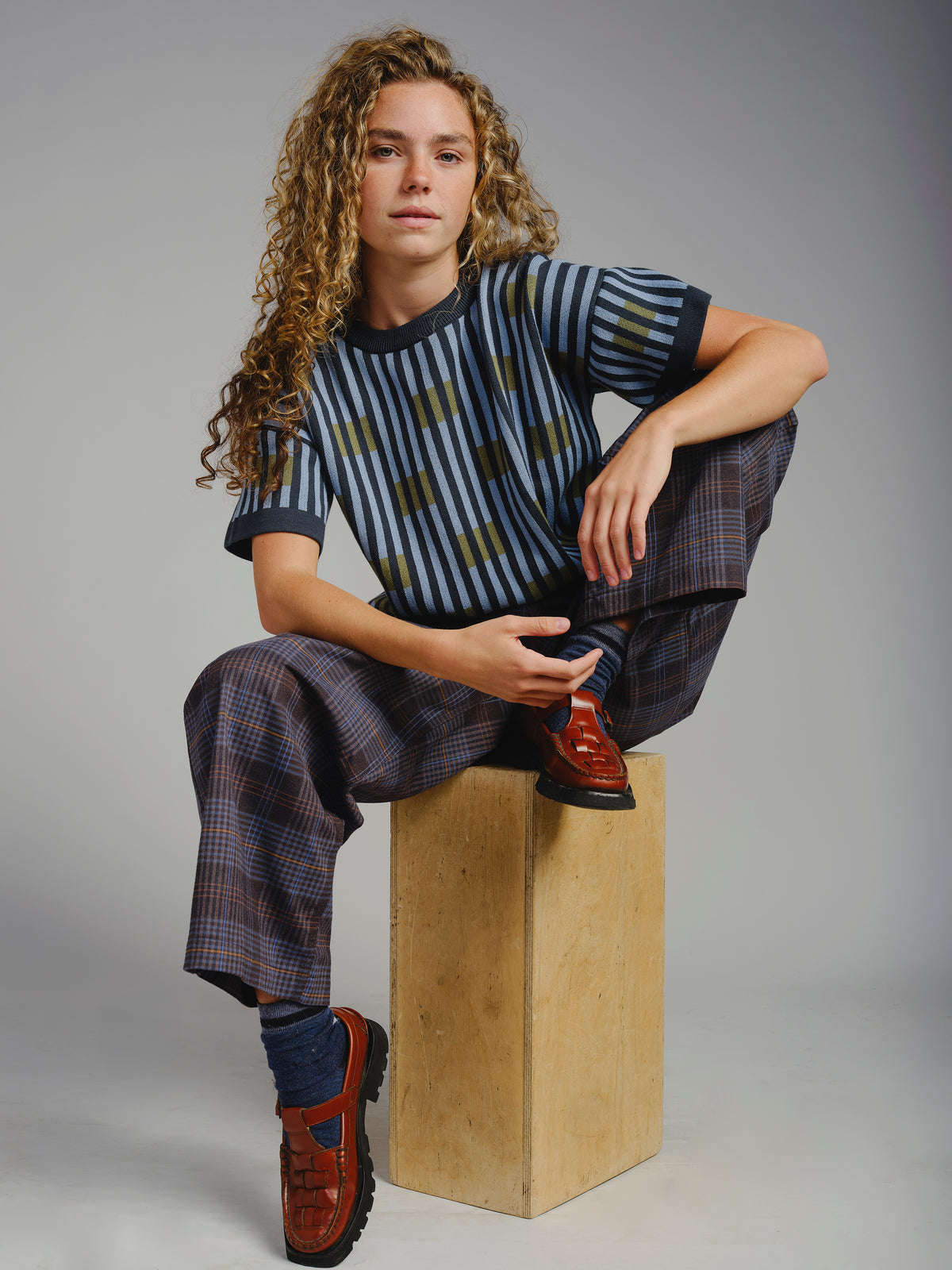 The Endery Bauhaus Short Sleeve Sweater Tee, Lazurite — blue Pima cotton tee