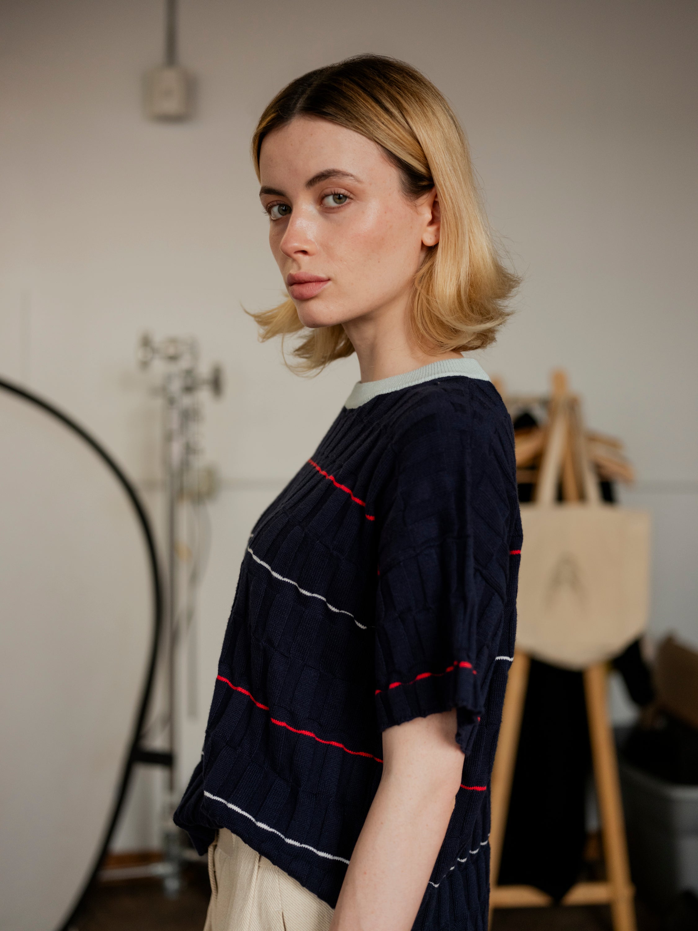 Wiggle Stripe Knit Grid Tee - Scilla